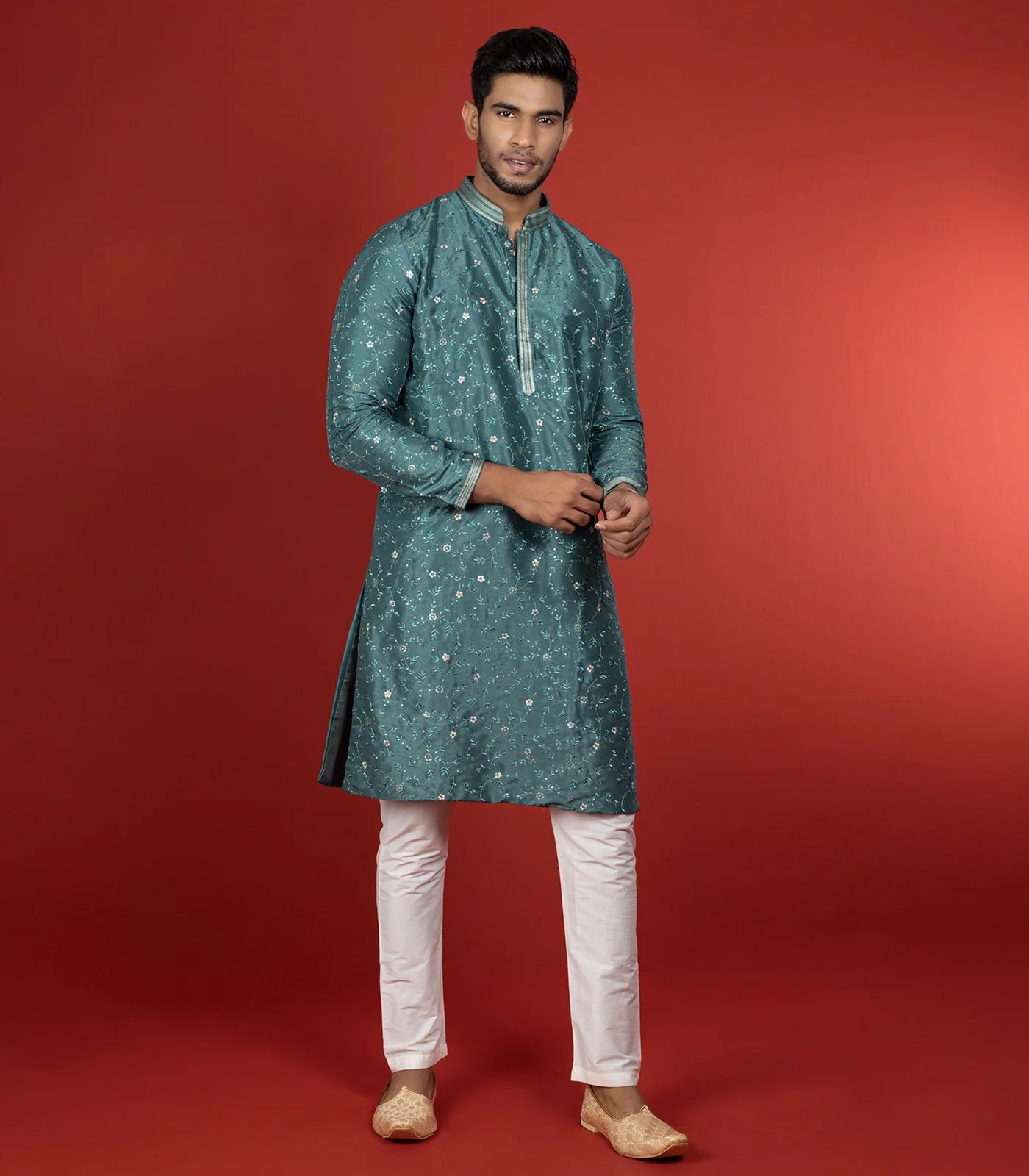 RmKV Stone Blue Kurta With White Straight Fit Pants-Blue