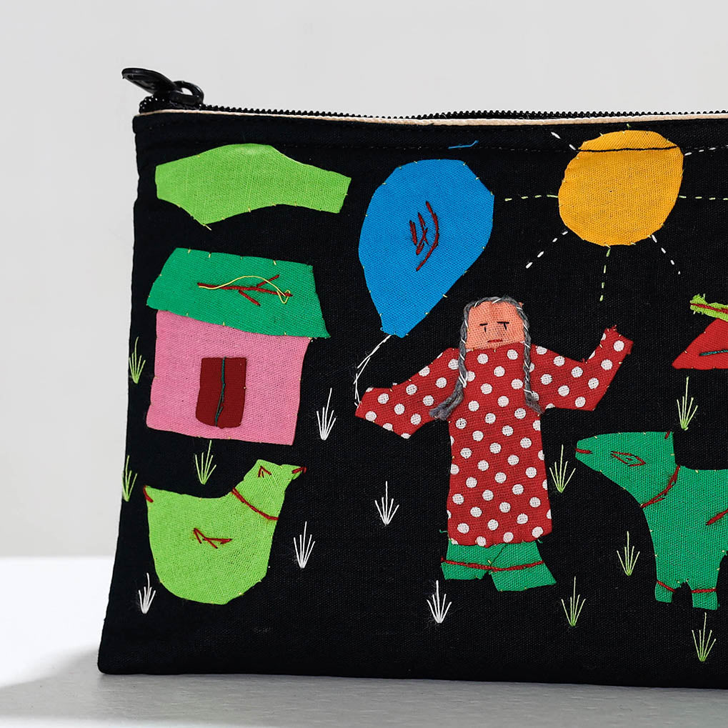 ASHOKA ASSEMBLE - CELEBRATING CRAFTS OF ODISHA Black - Pipli Applique Work Cotton Cosmetic Pouch - view 2