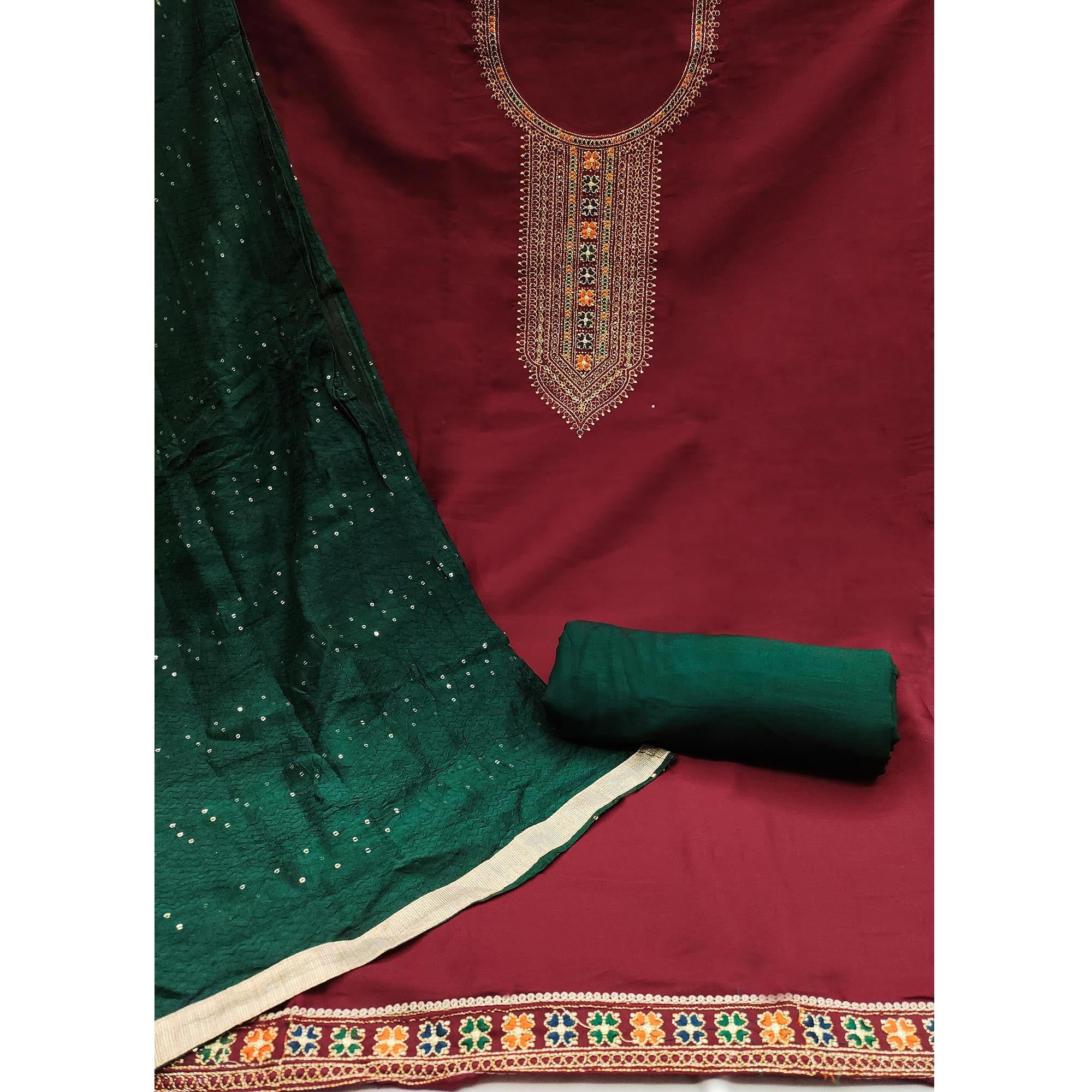 Peachmode Maroon Embroidered Cotton Silk Dress Material - view 3