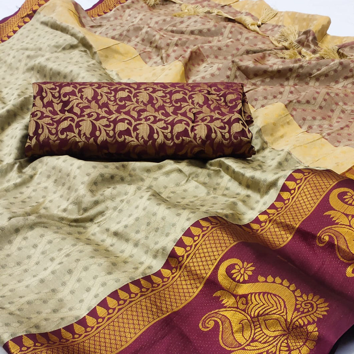Peachmode Chikoo Woven Cotton Silk Saree With Tassels - view 2