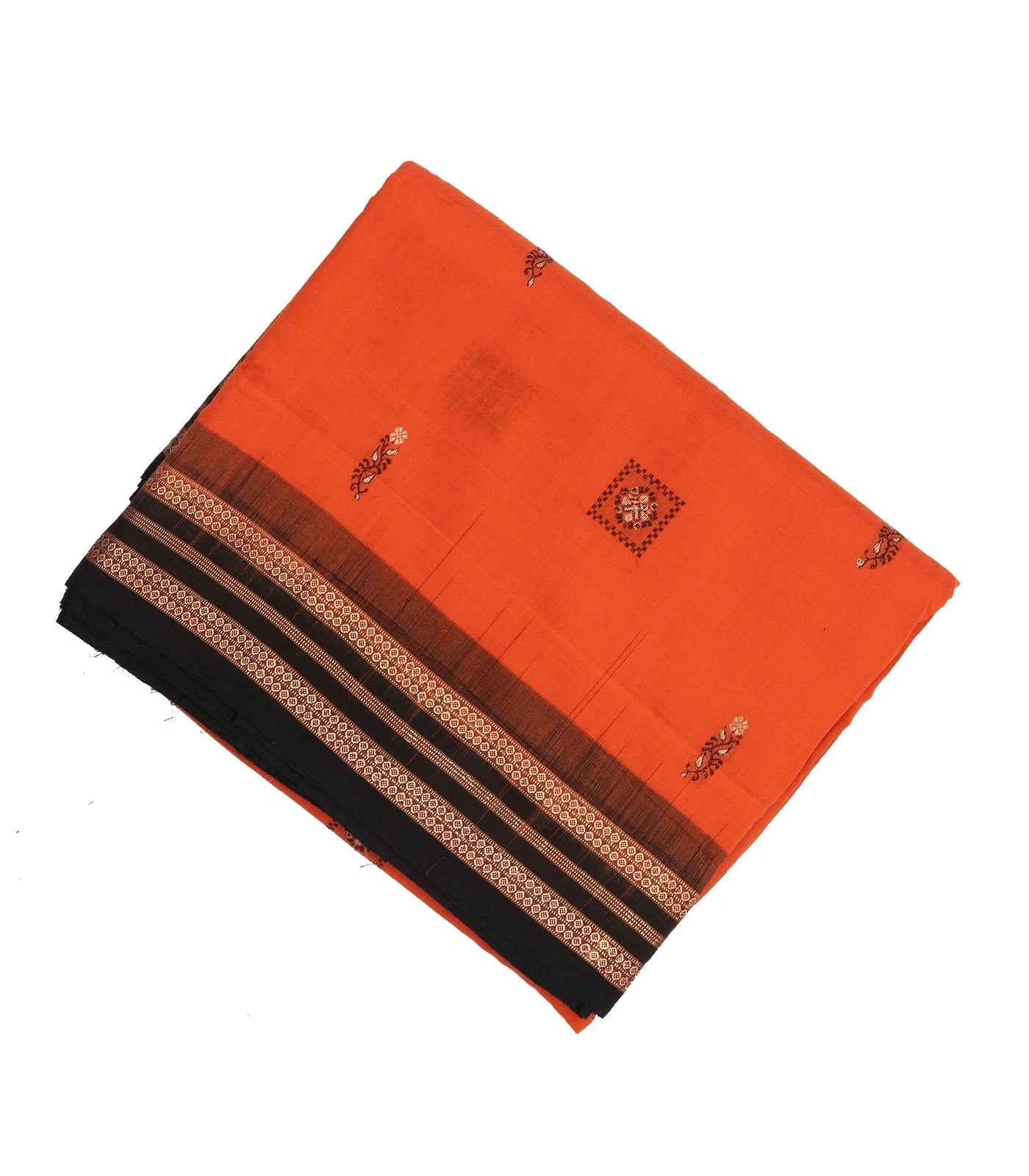 RmKV Orange Handwoven Orissa Cotton Saree With Floral Motif Buttas