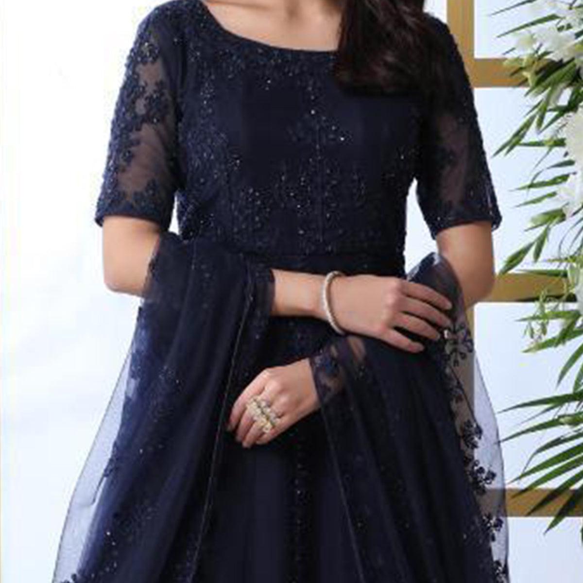 Peachmode Hypnotic Navy Blue Colored Party Wear Embroidered Net Gown With Dupatta - view 2