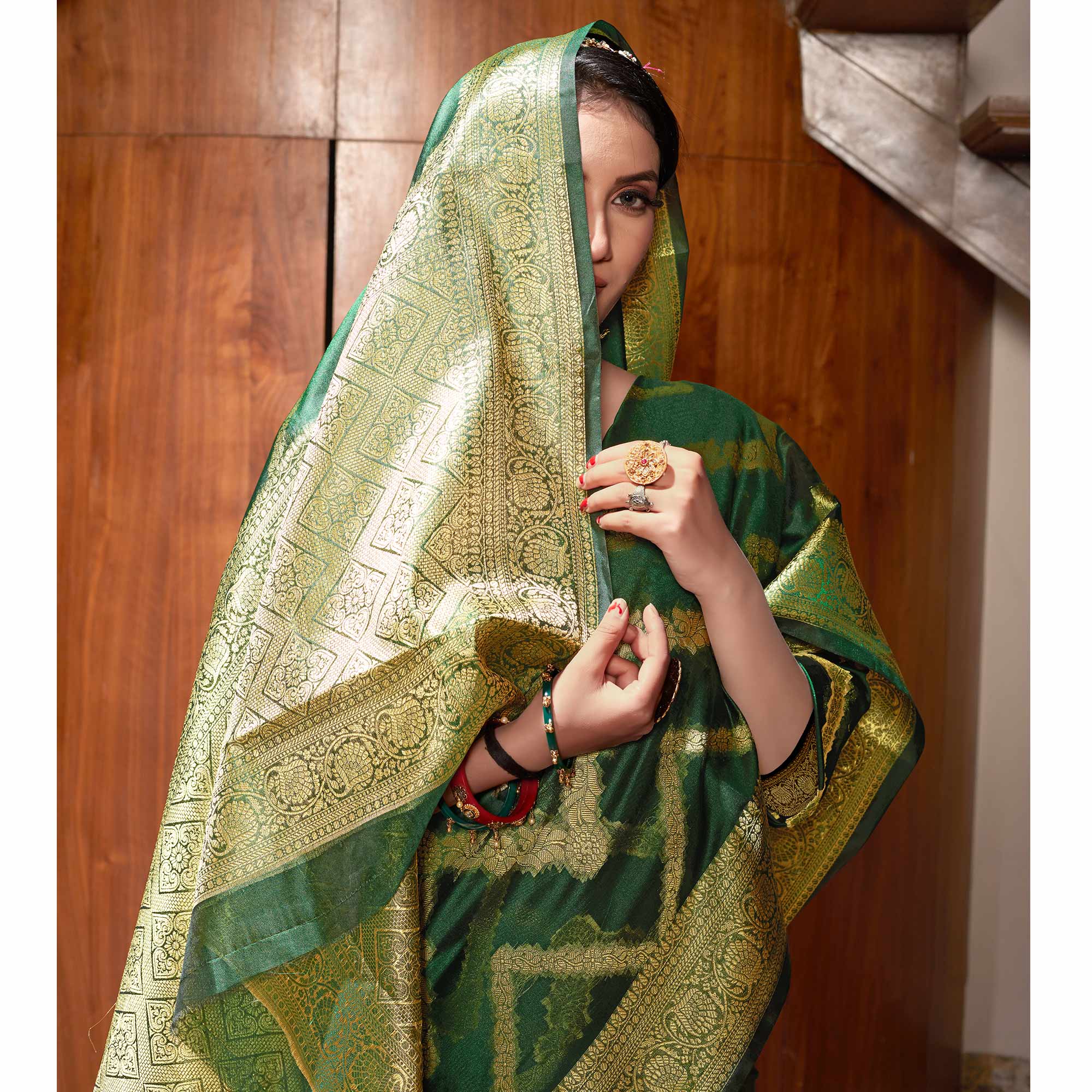 Peachmode Bottle Green Woven Organza Saree – Women's - view 4