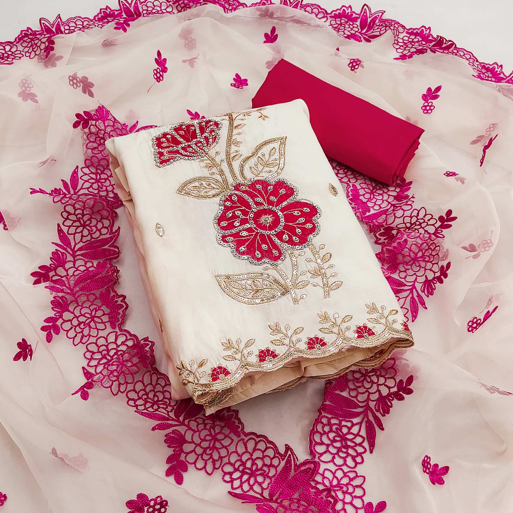 Peachmode Cream Floral Hand Embroidered Cotton Silk Dress Material