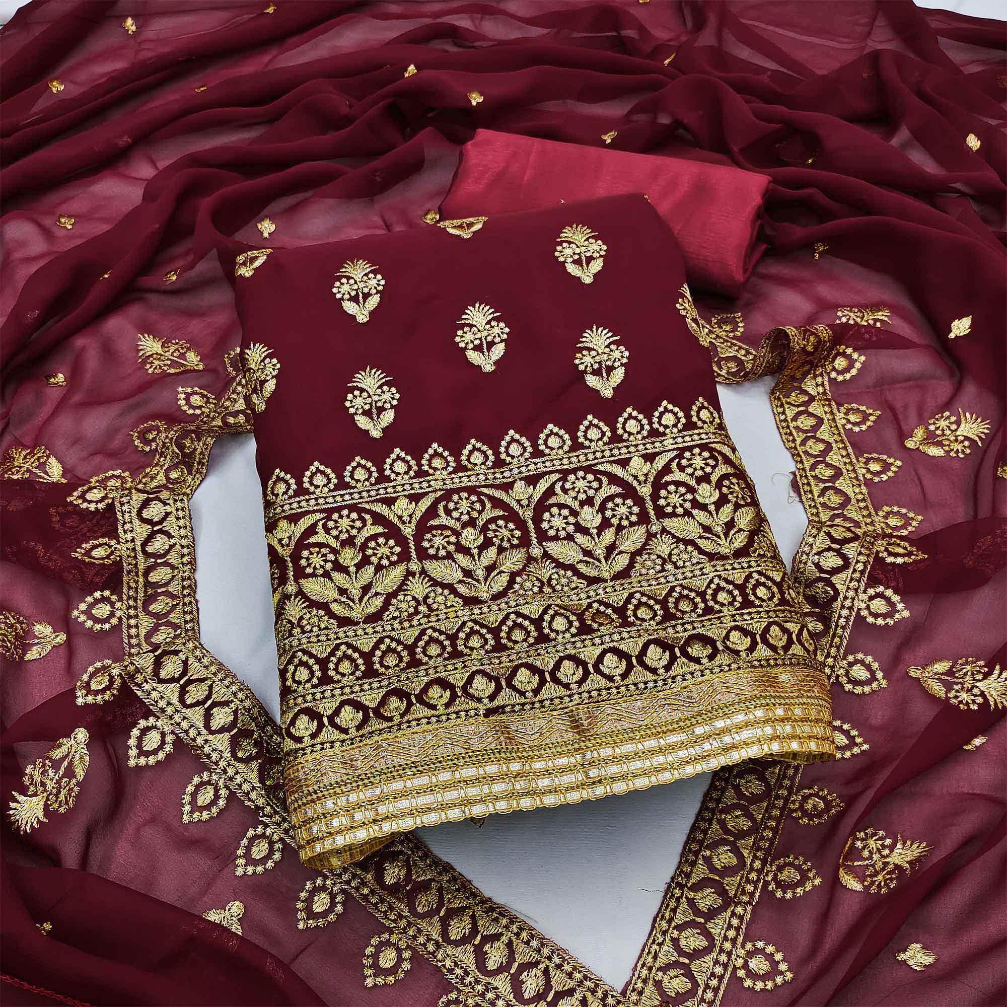 Peachmode Maroon Embroidered Georgette Dress Material