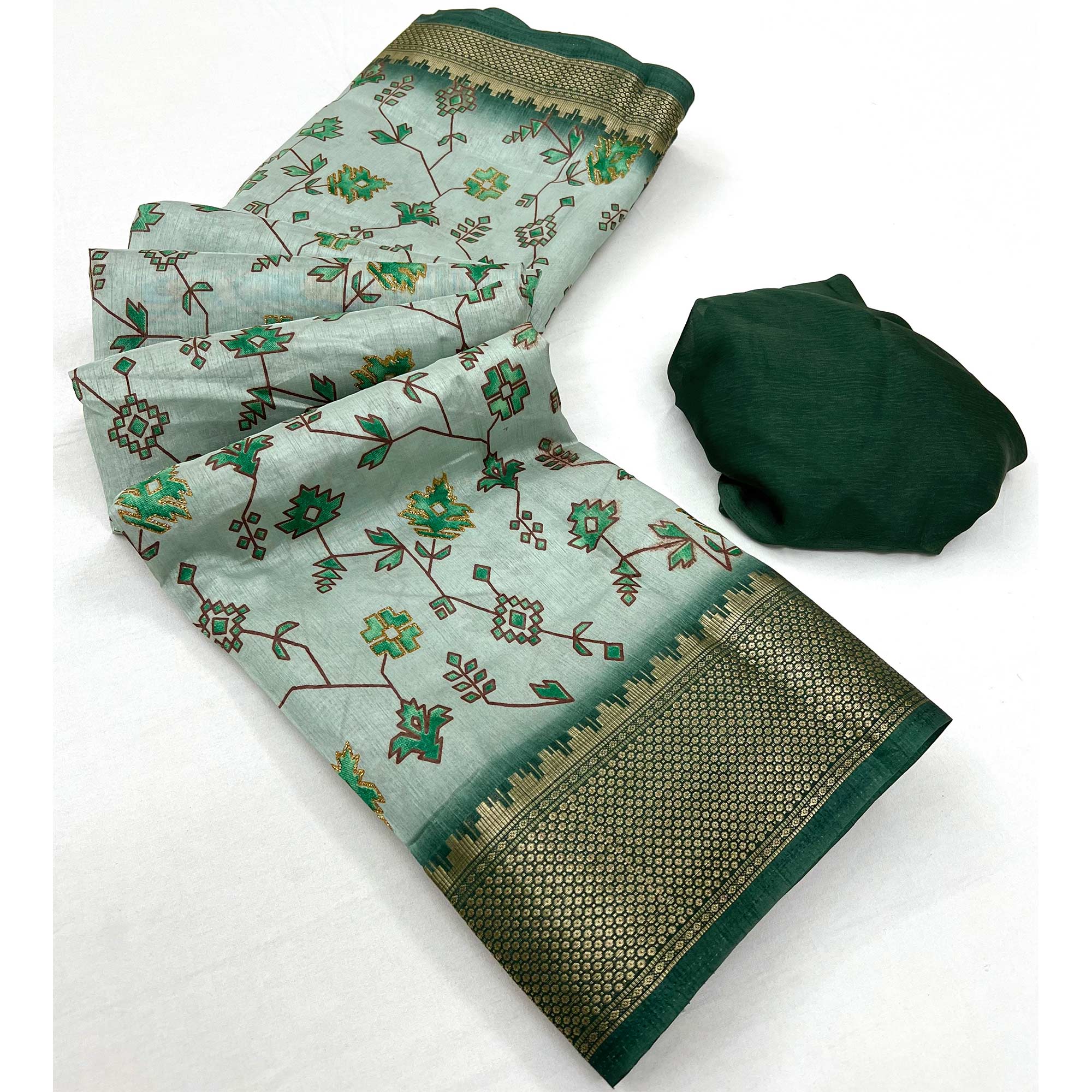 Peachmode Dusty Green Floral Printed With Woven Border Dola Silk Saree - view 3