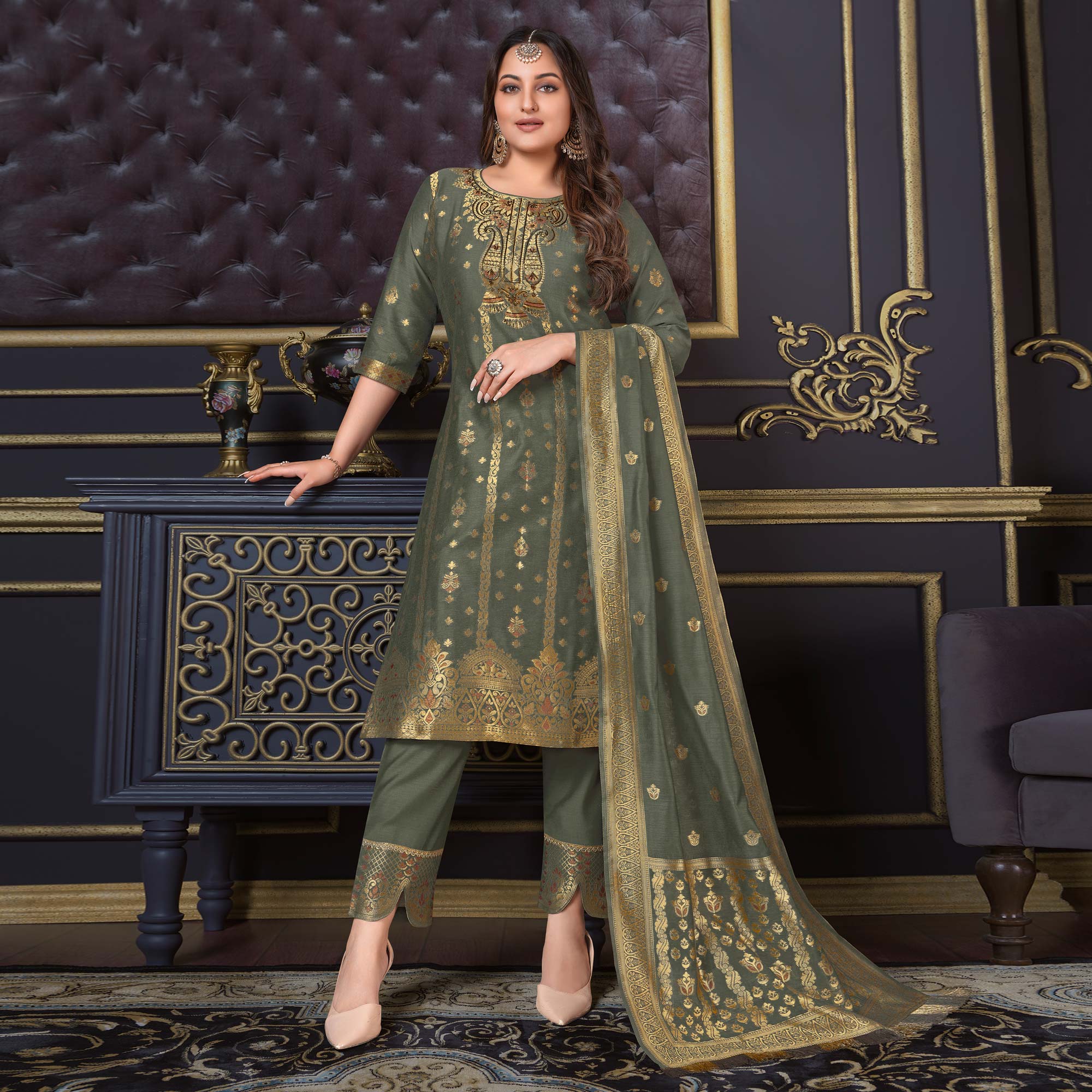 Peachmode Grey Woven Banarasi Silk Salwar Suit - view 2