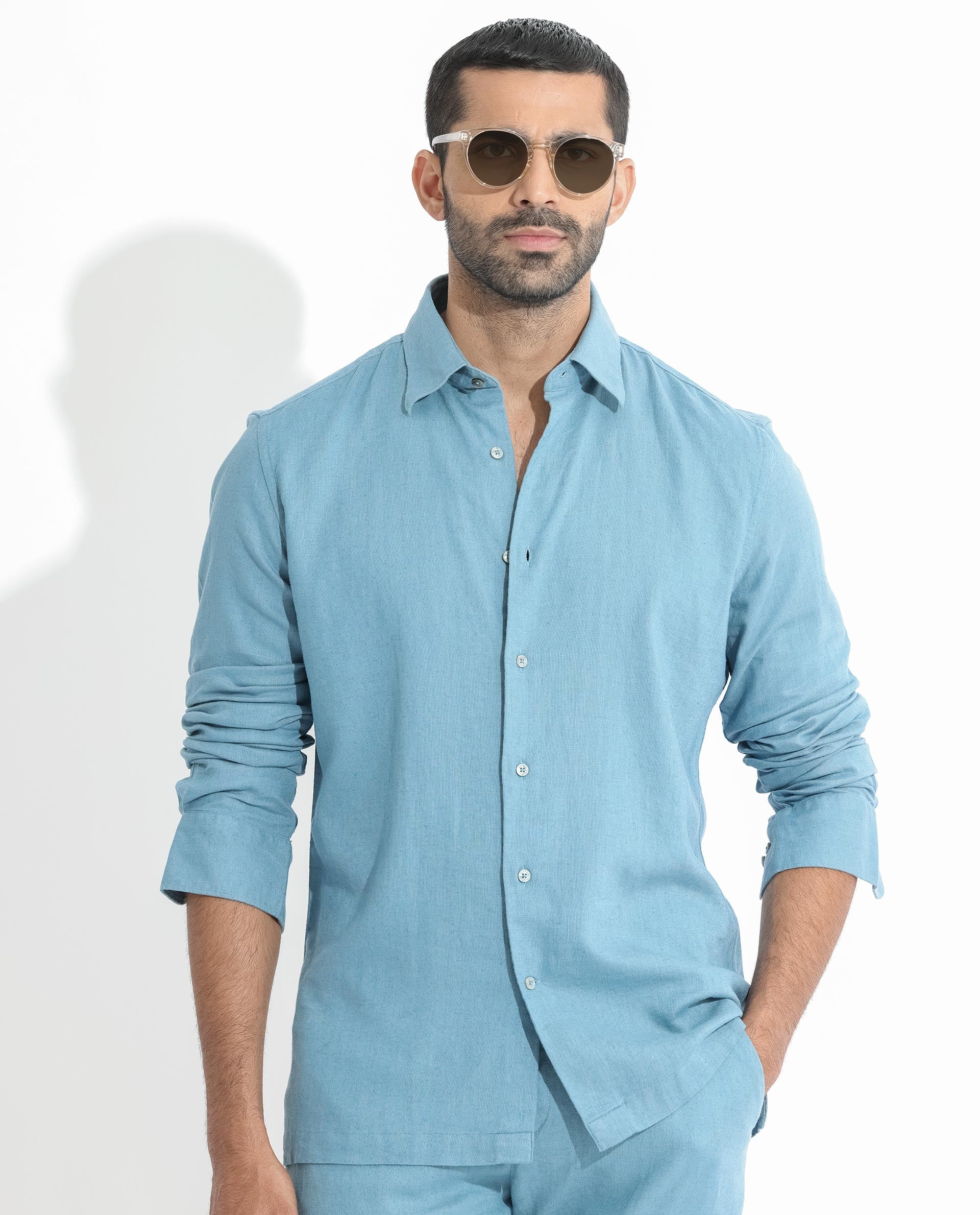Rare Rabbit Men's Lunet Light Blue Linen Full Sleeves Solid Shirt - view 2