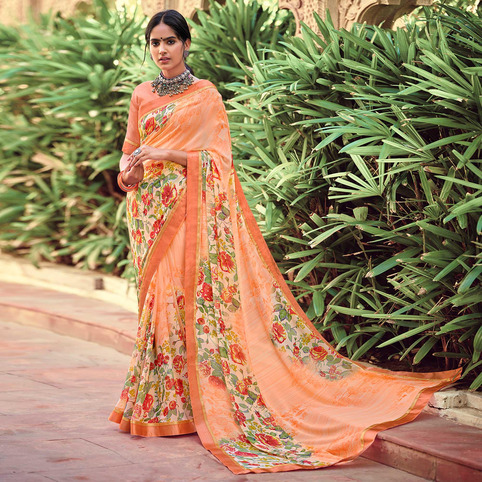 Peachmode Light Orange Casual Wear Floral Printed Georgette Saree