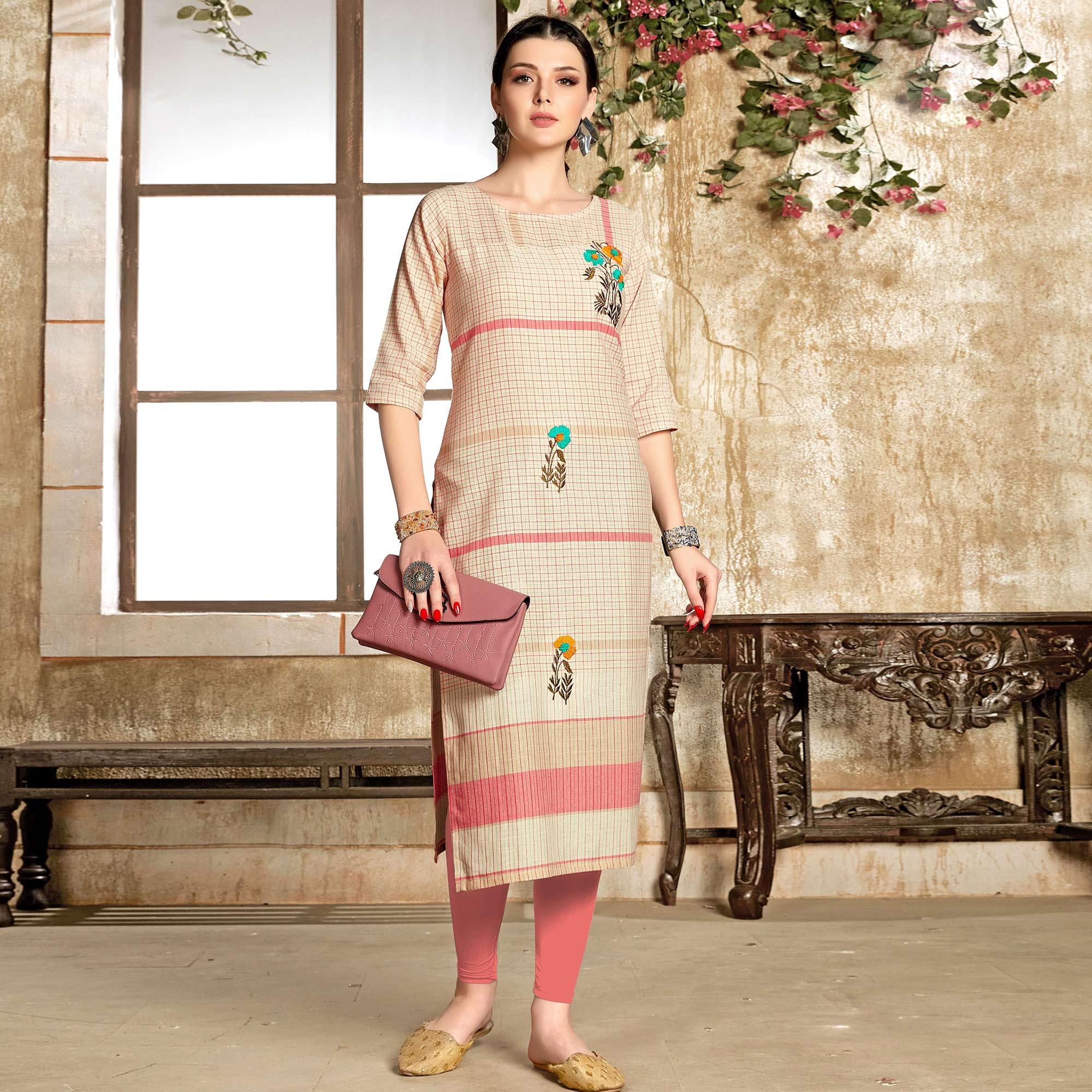 Peachmode Seller Gleaming Cream - Gajari Colored Casual Wear Embroidered Pure Cotton Kurti