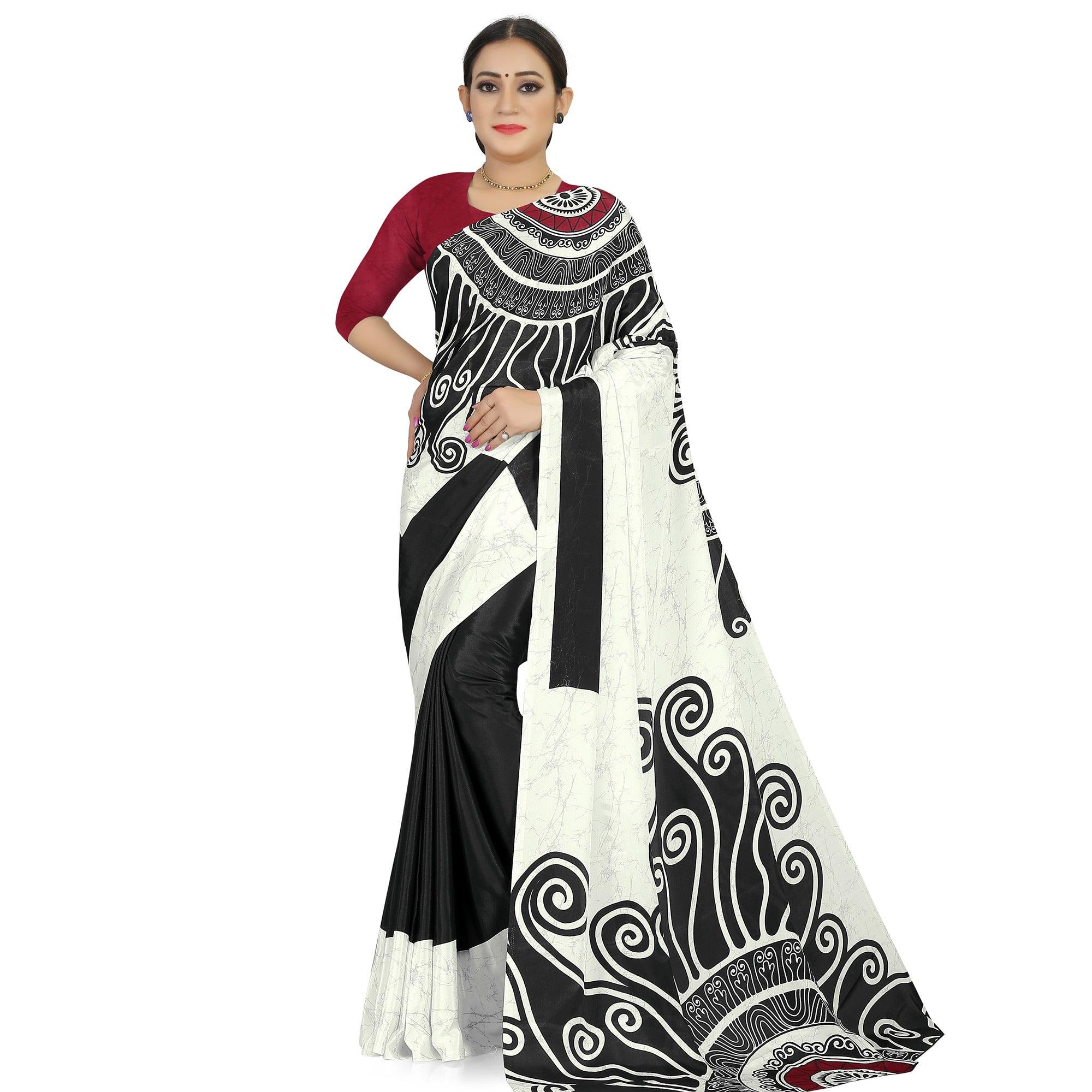 Peachmode Jazzy Offwhite -Black Colored Casual Wear Printed Satin Saree
