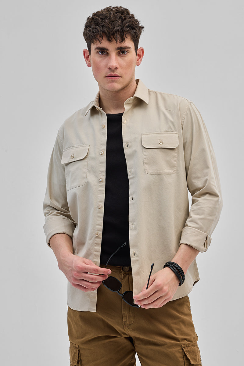 SNITCH Beige Solid Double Pocket Overshirt - view 5