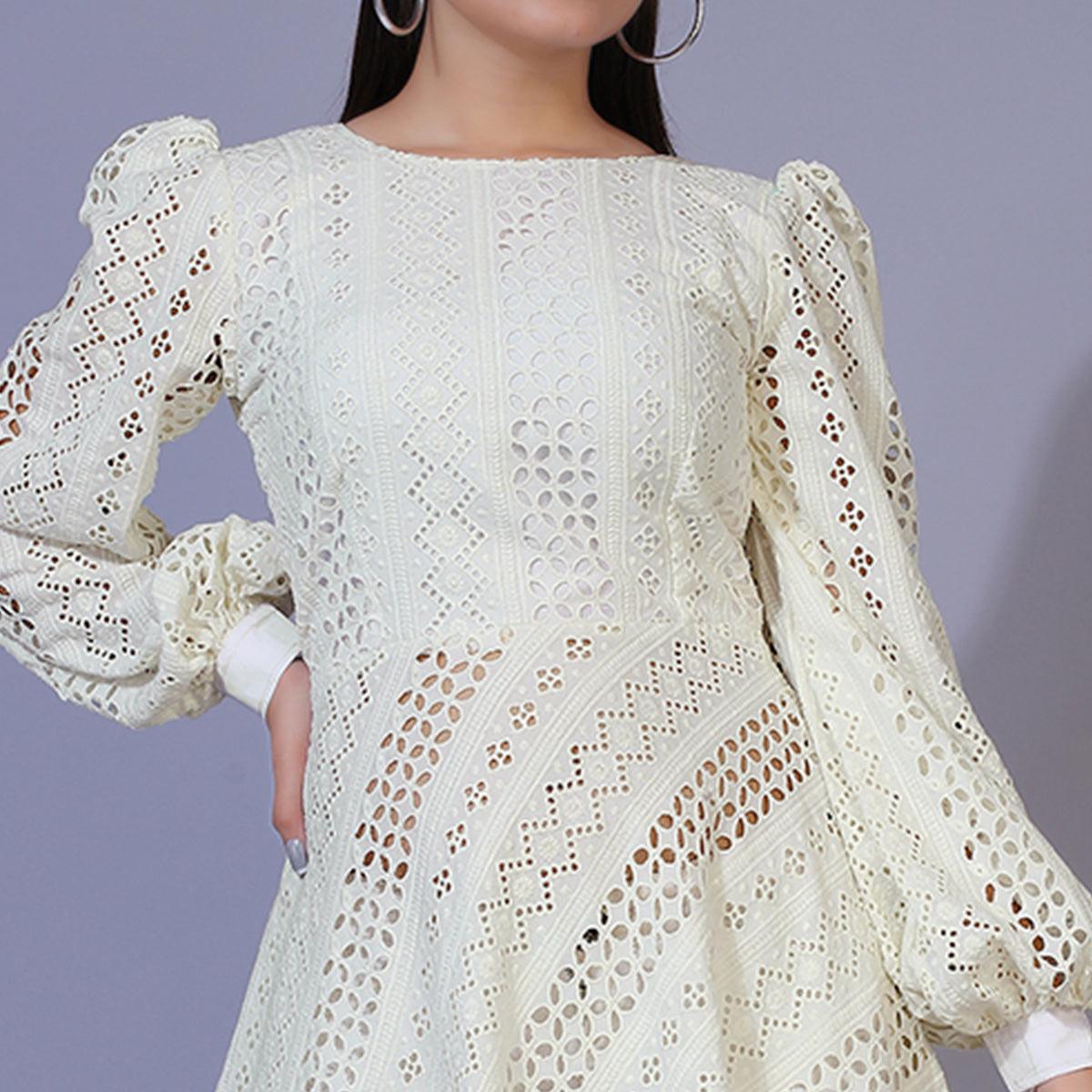 Peachmode Seller Cream Lucknowi Chikankari Work Rayon Western Dress - view 3