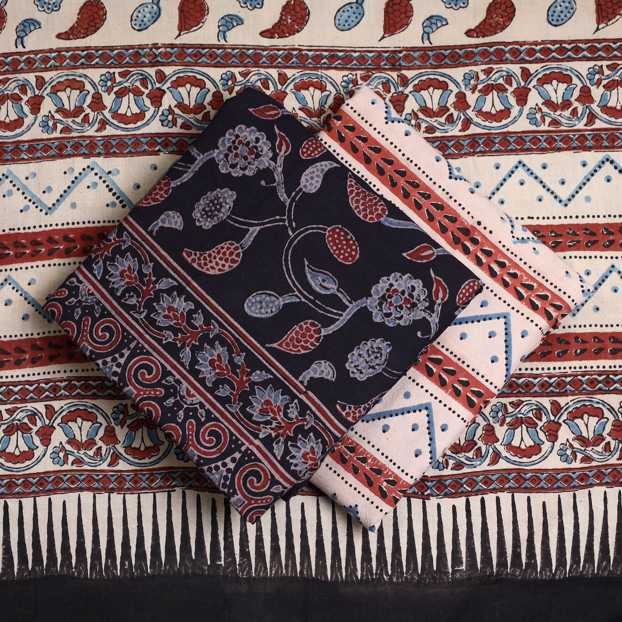AJRAKH BY JABBAR KHATRI Black - Hand Block Print Cotton 3pc Ajrakh Dress Material 24 - view 2