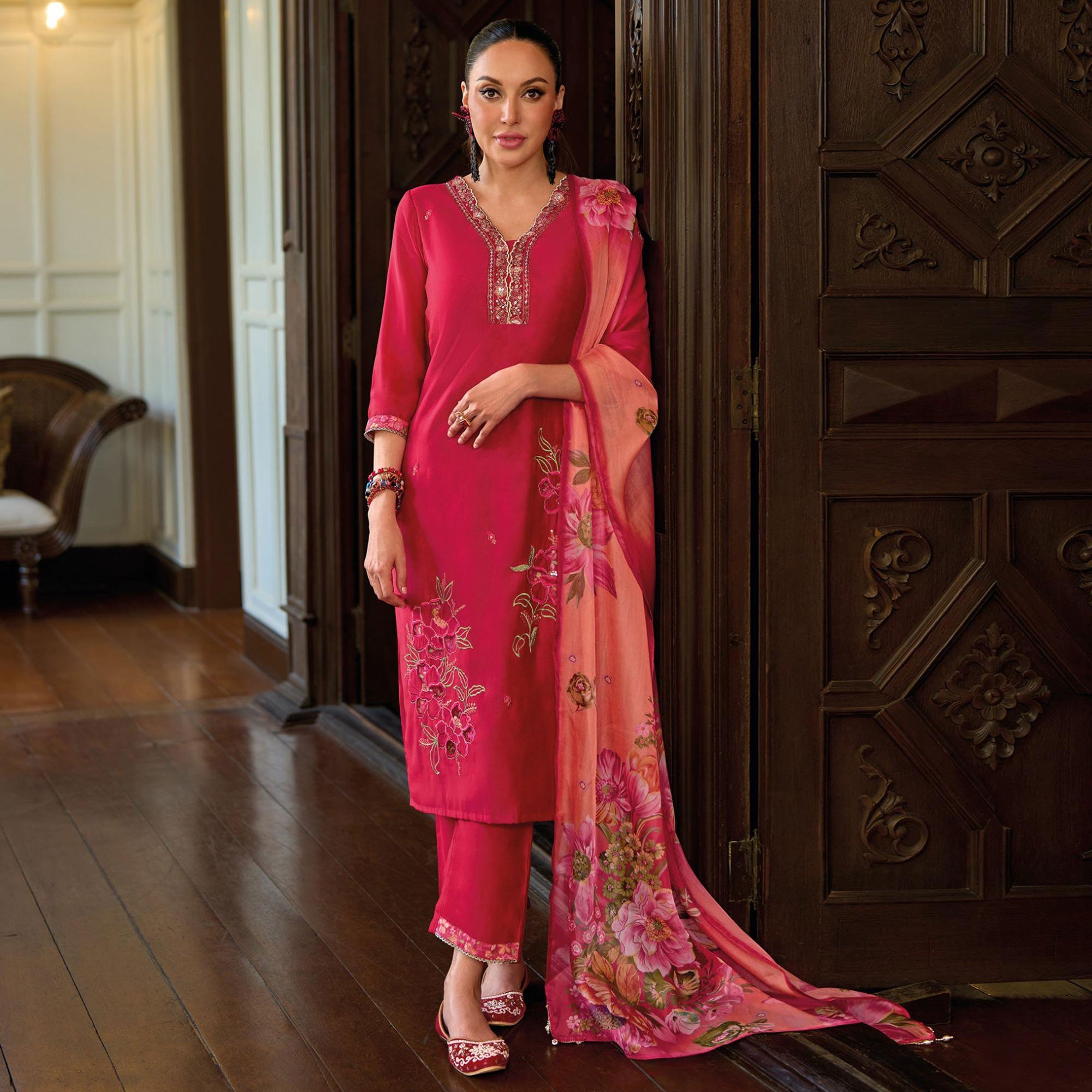Peachmode Pink Floral Handwork Embroidered Viscose Salwar Suit - view 2