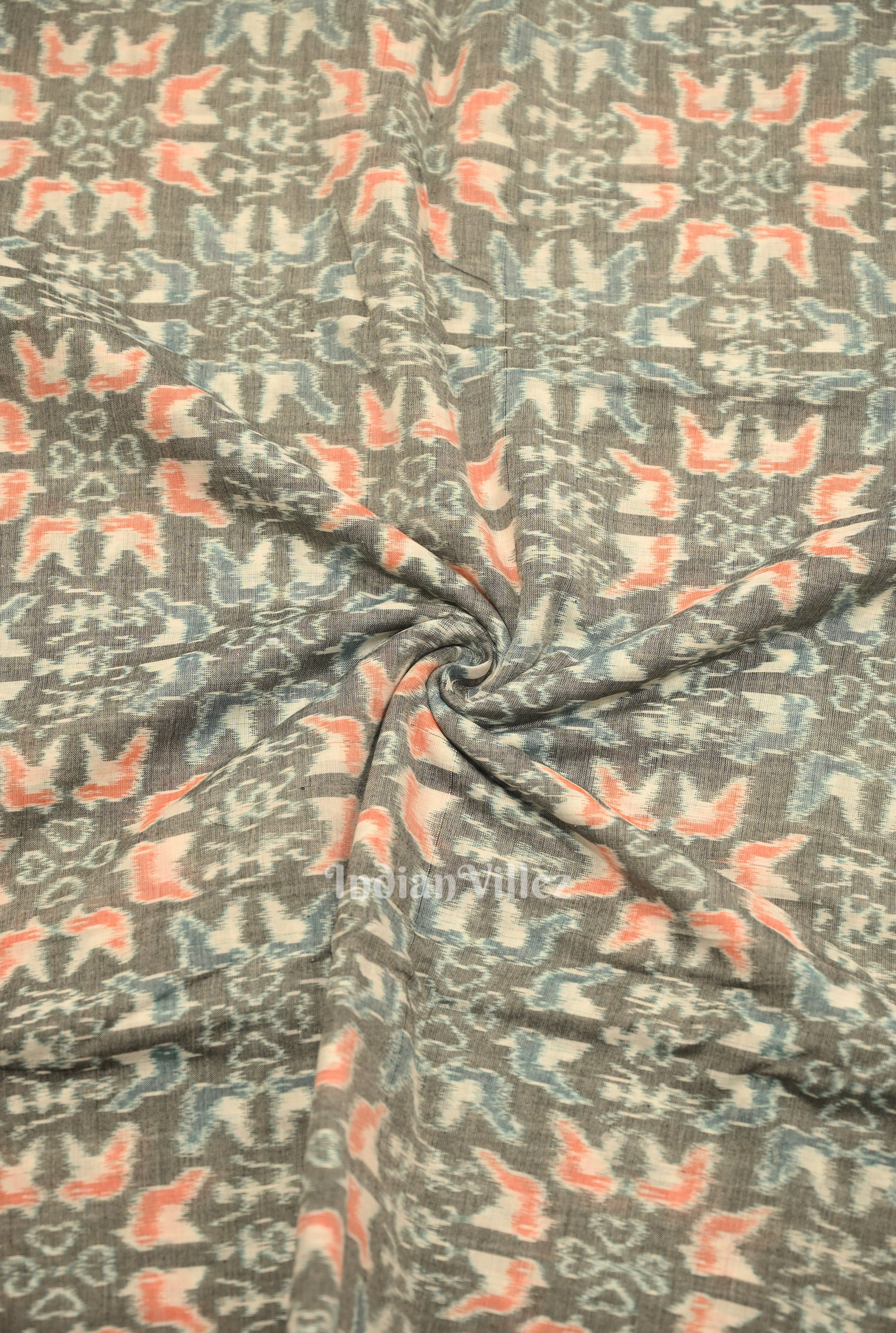 IndianVillèz Cement Gray Tribal Flower Theme Sambalpuri Ikat Cotton Fabric