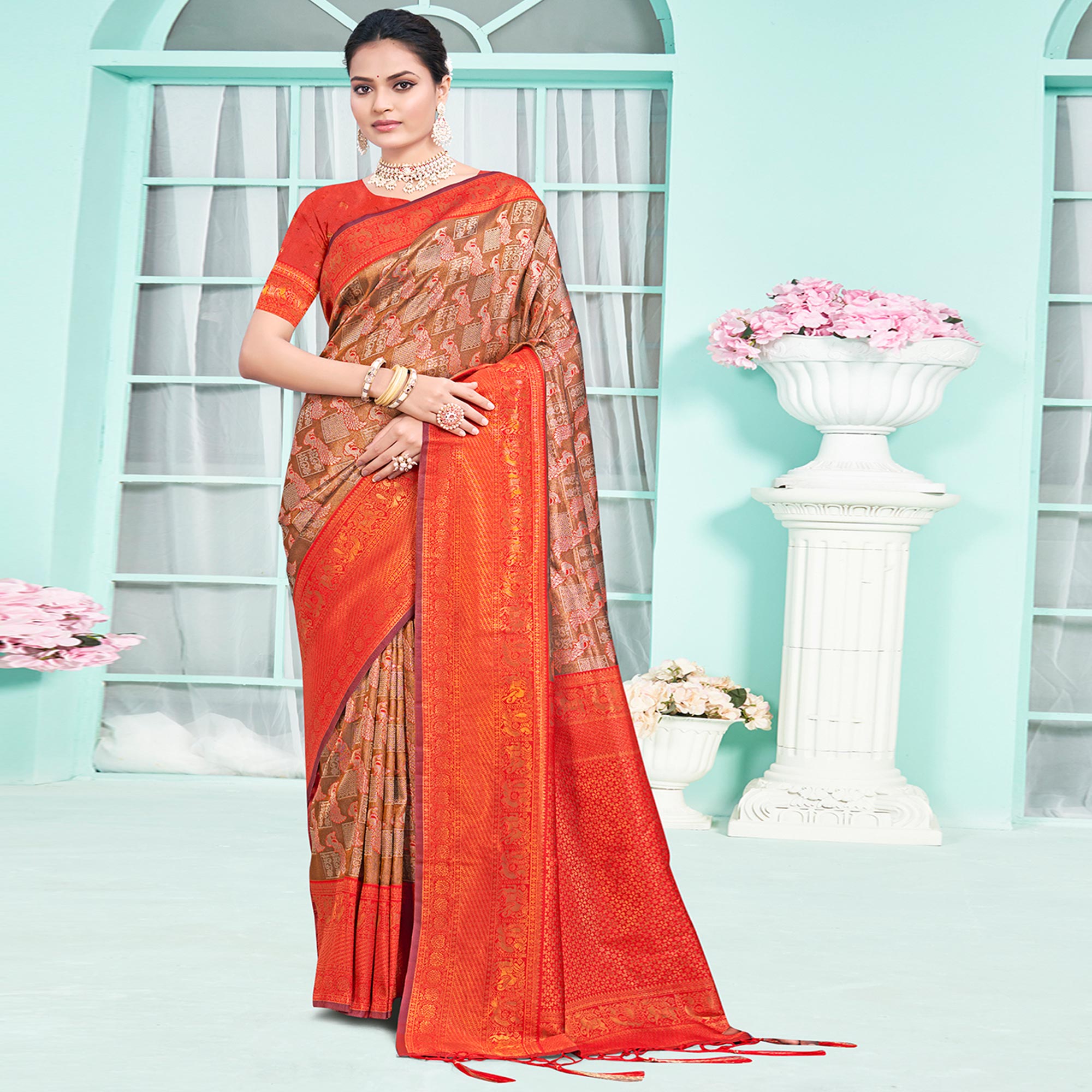 Peachmode Brown & Red Woven Cotton Silk Saree With Tassels - view 2