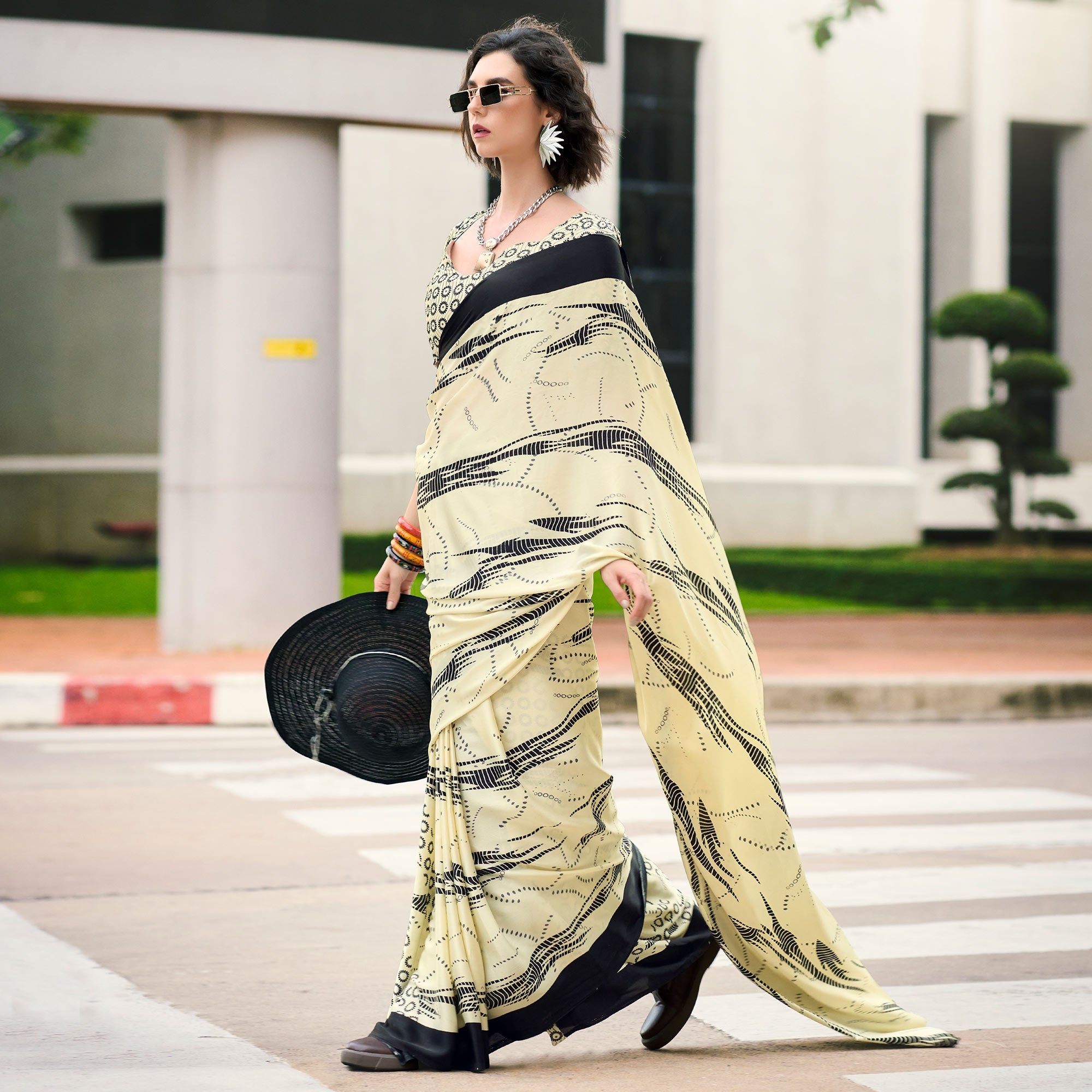 Peachmode Cream Printed Satin Saree – Women's