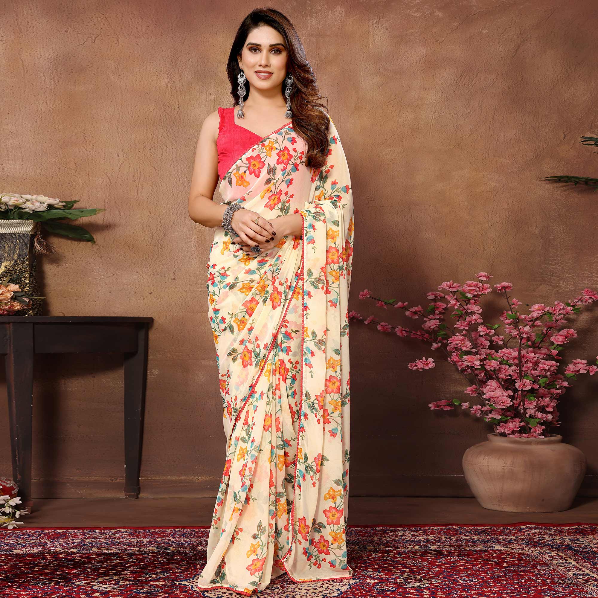 Peachmode Seller Cream Floral Printed Ready To Wear Georgette Saree - view 2