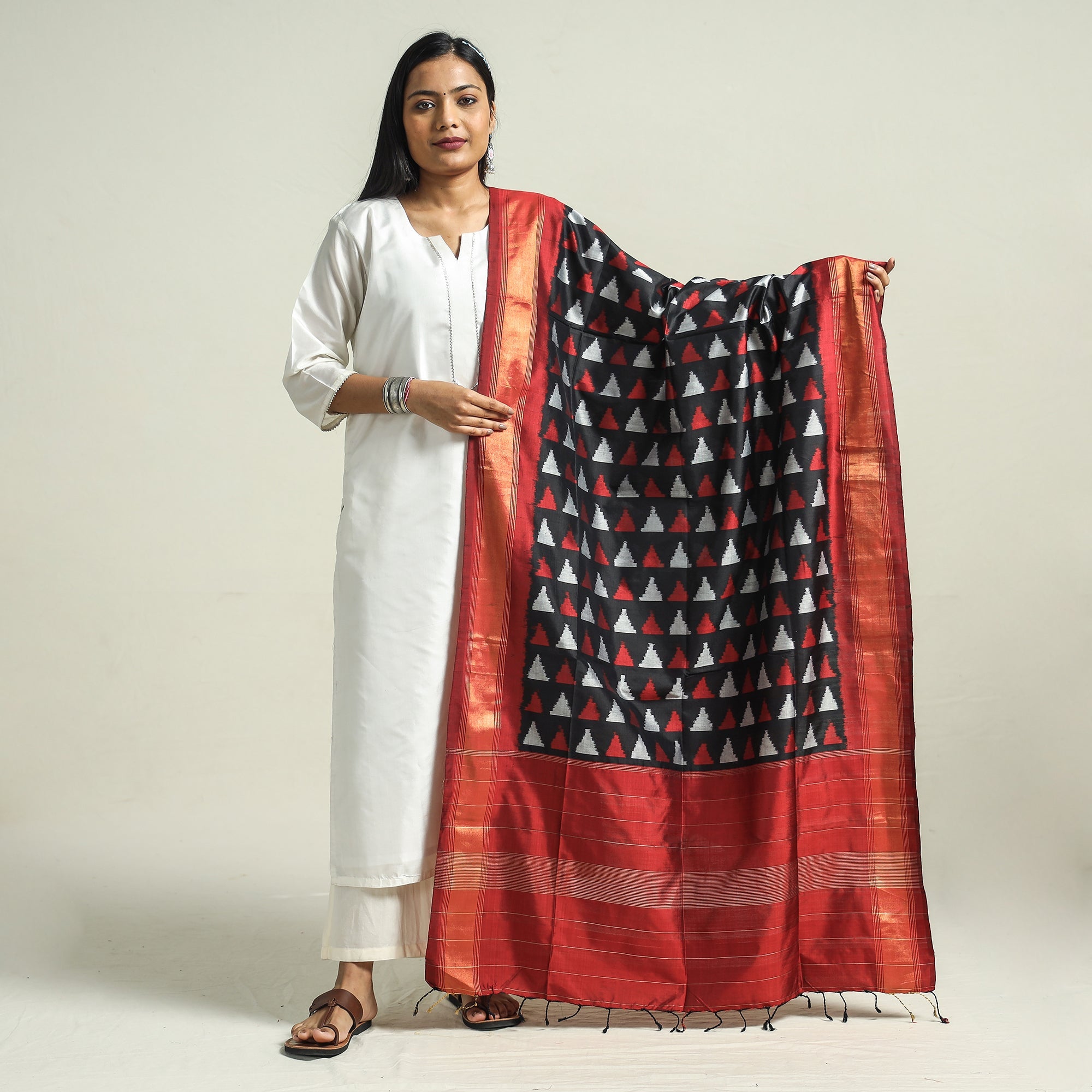 IKAT WEAVES BY EDEM CHANDANA Black - Handwoven Pochampally Ikat Pure Mulberry Silk Dupatta with Tassels