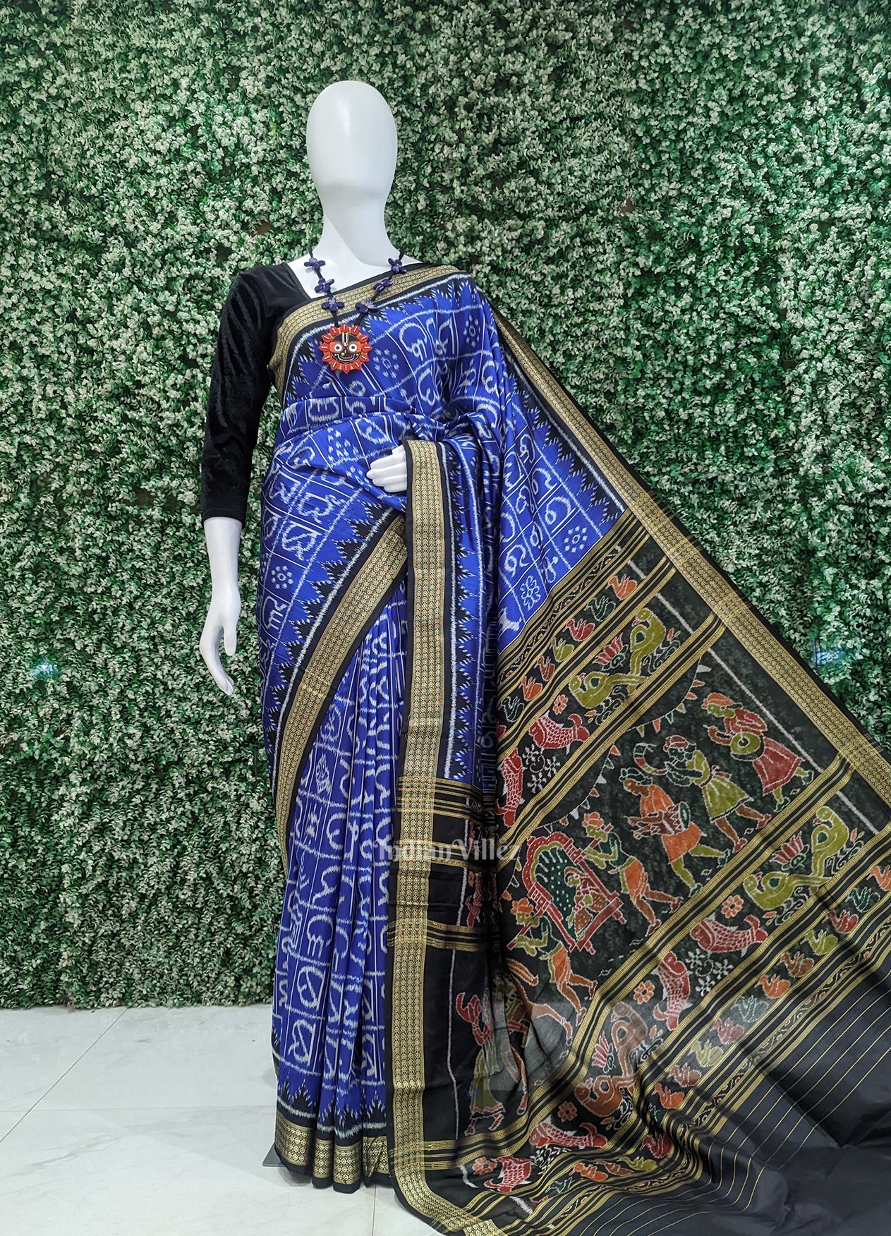IndianVillèz Royal Blue Odia Barnamala Odisha Ikat Khandua Silk saree
