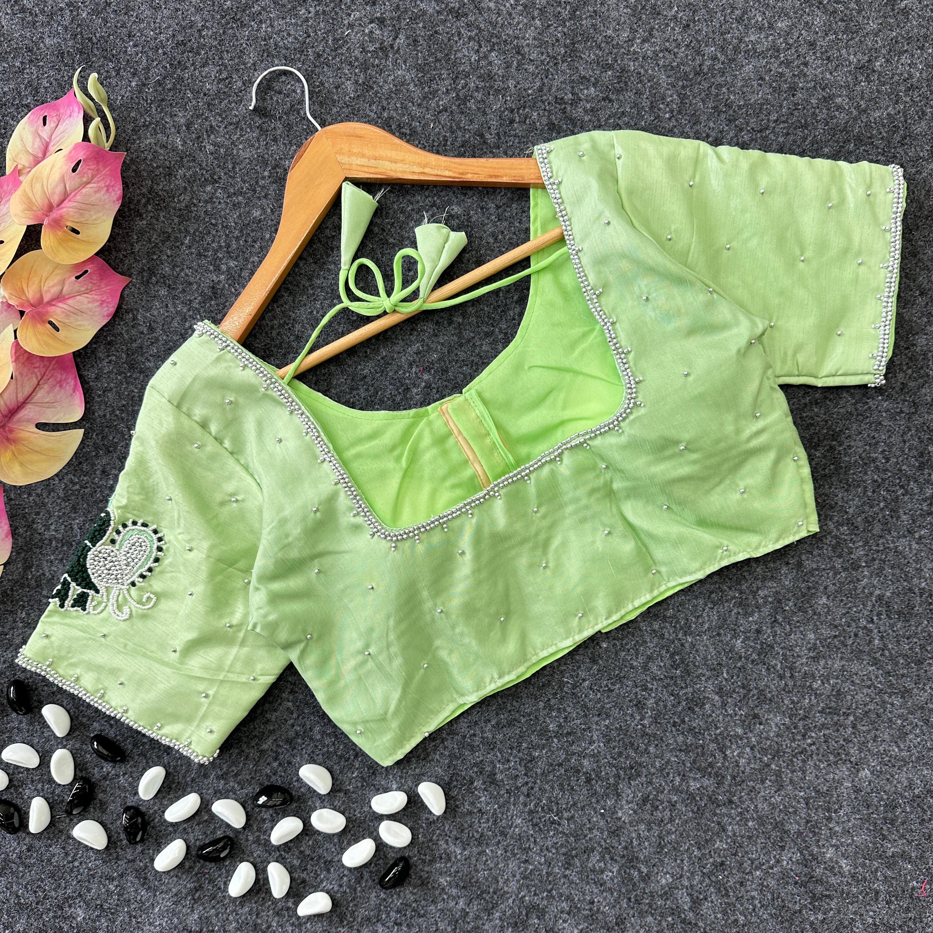 ClothsVilla Pista Green Party Wear Blouse in Lemon Silk with Elegant Handwork and Knot Design