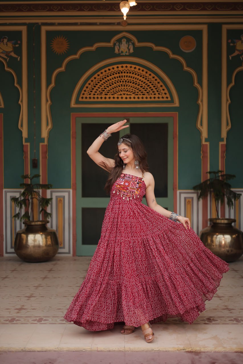 ClothsVilla Maroon Bandhani Print Sleeveless Gown with Kutchi Patchwork - view 5