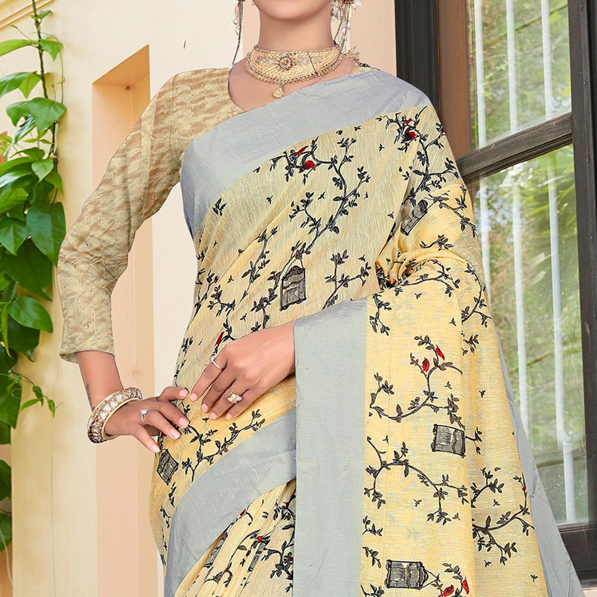 Peachmode Elegant Light Yellow Colored Casual Printed-Woven Linen Saree With Tassels - view 5