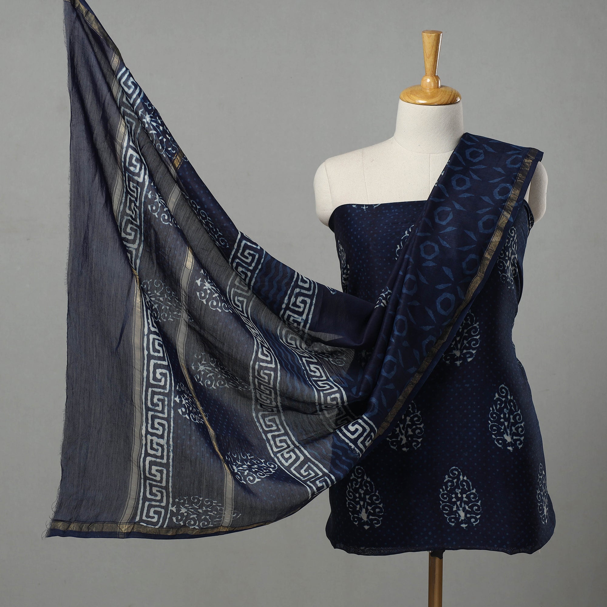 ARTISAN HAND BLOCK PRINTS Blue - 3pc Chanderi Silk Indigo Bagru Print Dress Material 06