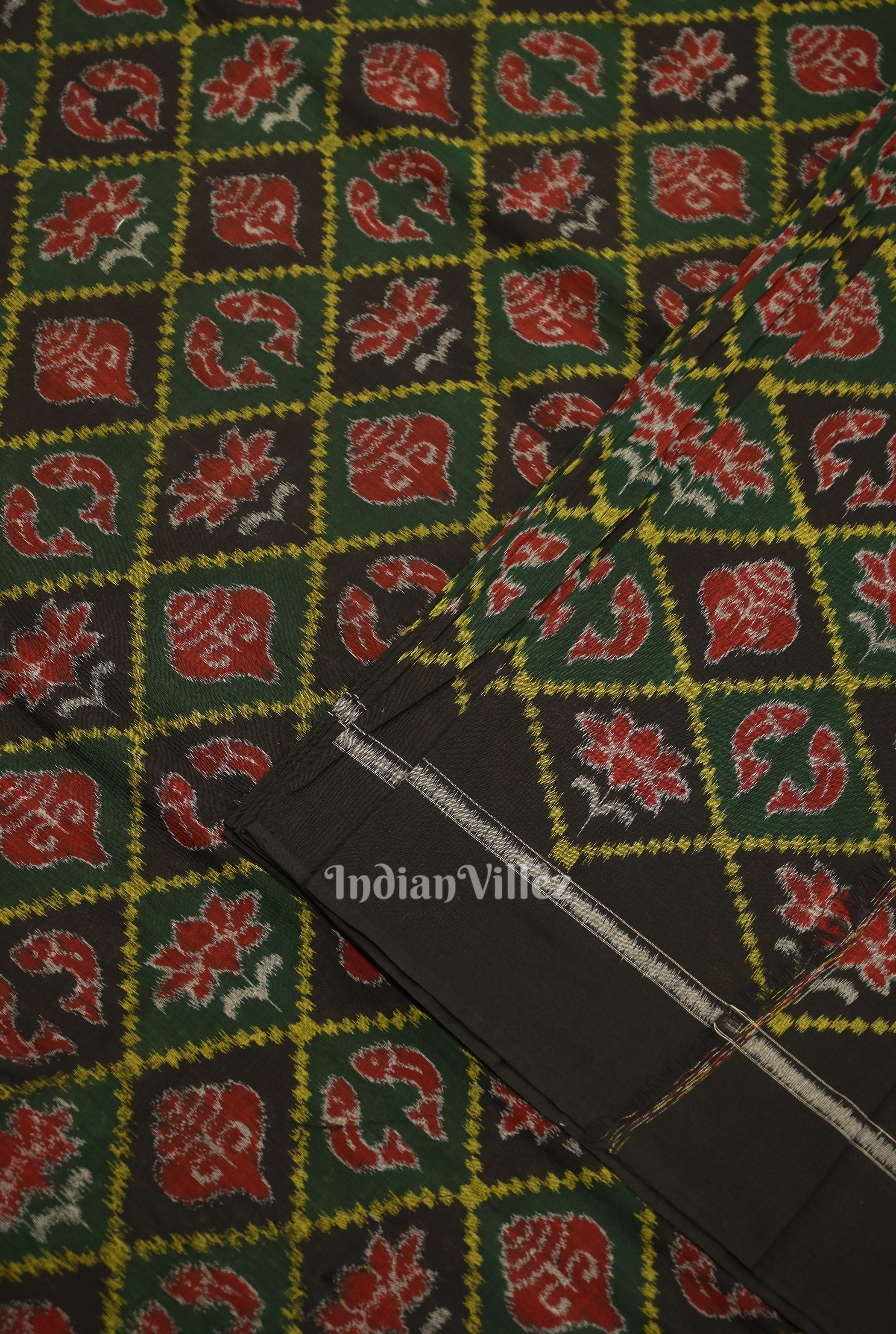 IndianVillèz Green Black Diagonally Nabakothi Sambalpuri Ikat Cotton Fabric - view 2