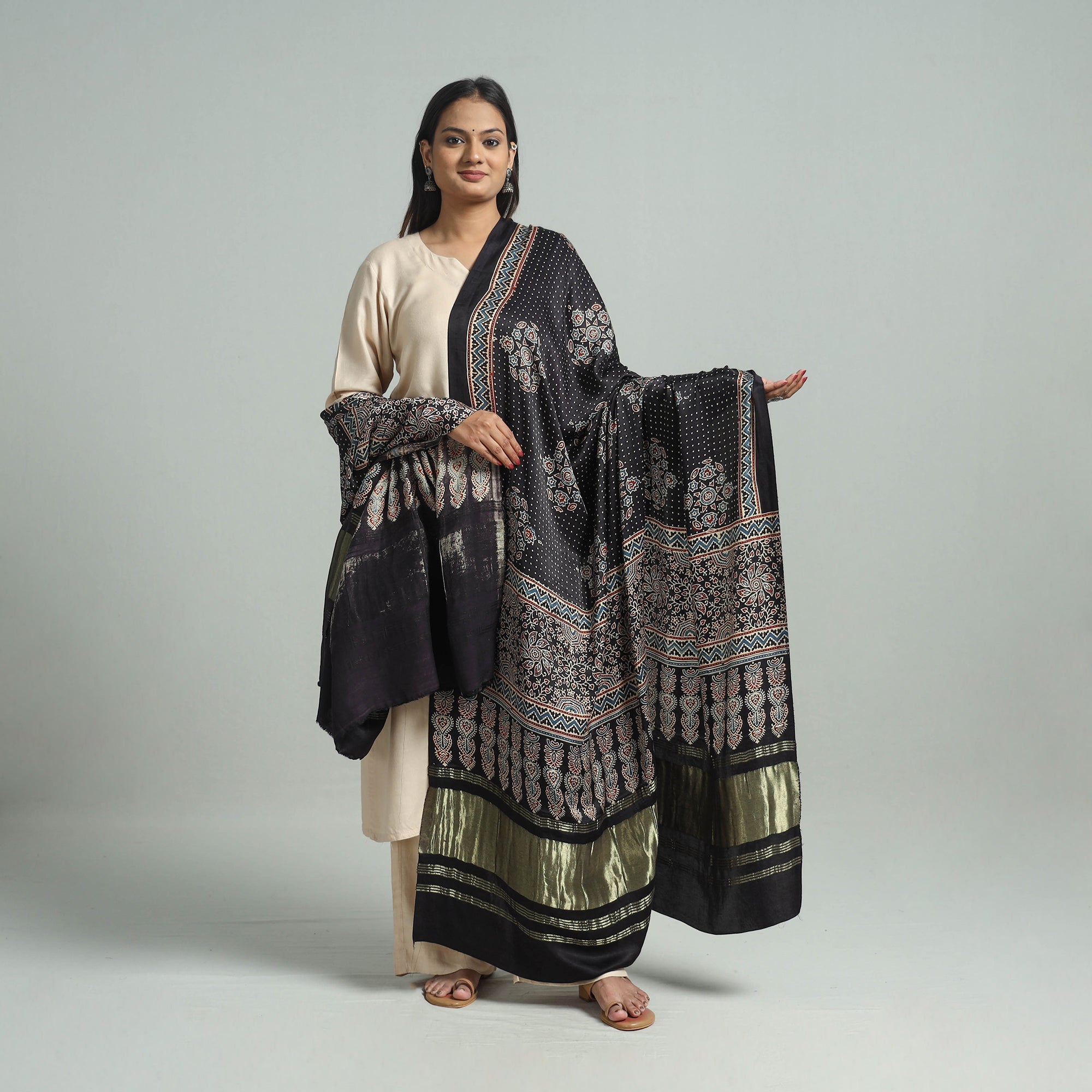 KACHCHH JI CHHAAP Black - Modal Silk Block Print Ajrakh Dupatta 06