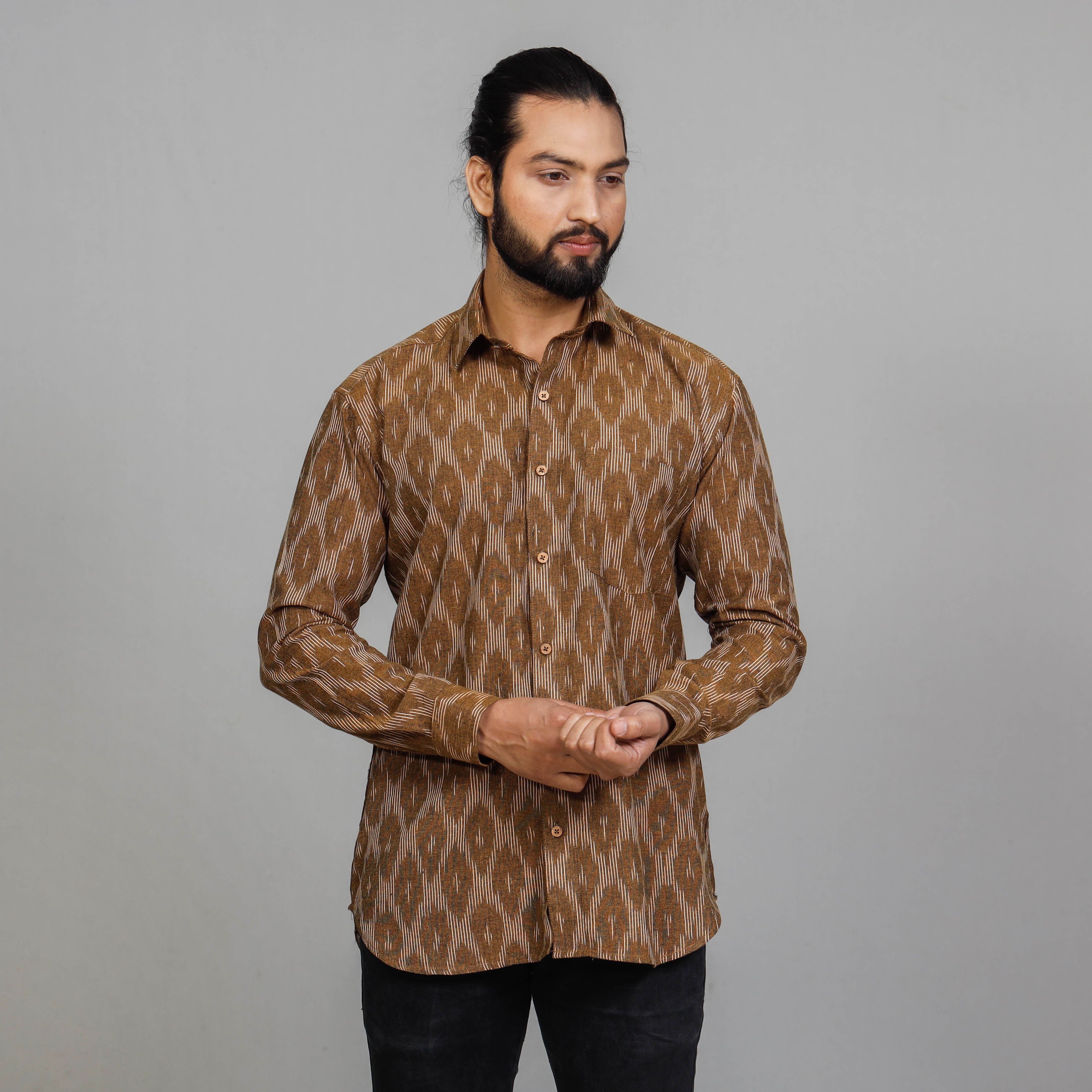 ITOKRI CASUALS Brown - Pochampally Ikat Cotton Men Full Sleeve Shirt