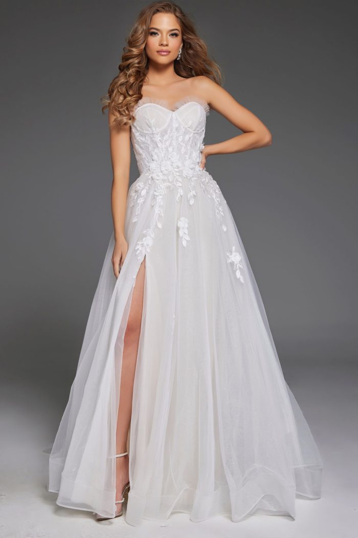 Jovani JB42485 Long Floral A Line Slit Wedding Dress