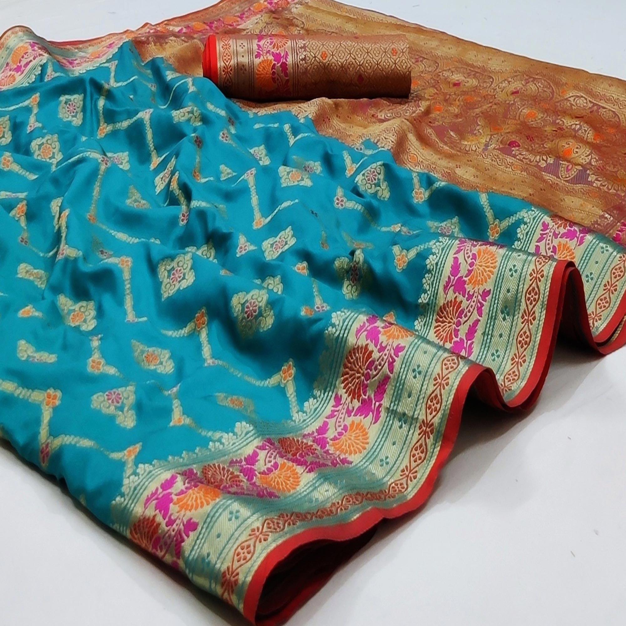 Peachmode Firozi Festive Wear Floral Woven Soft Silk Saree With Jacquard Border