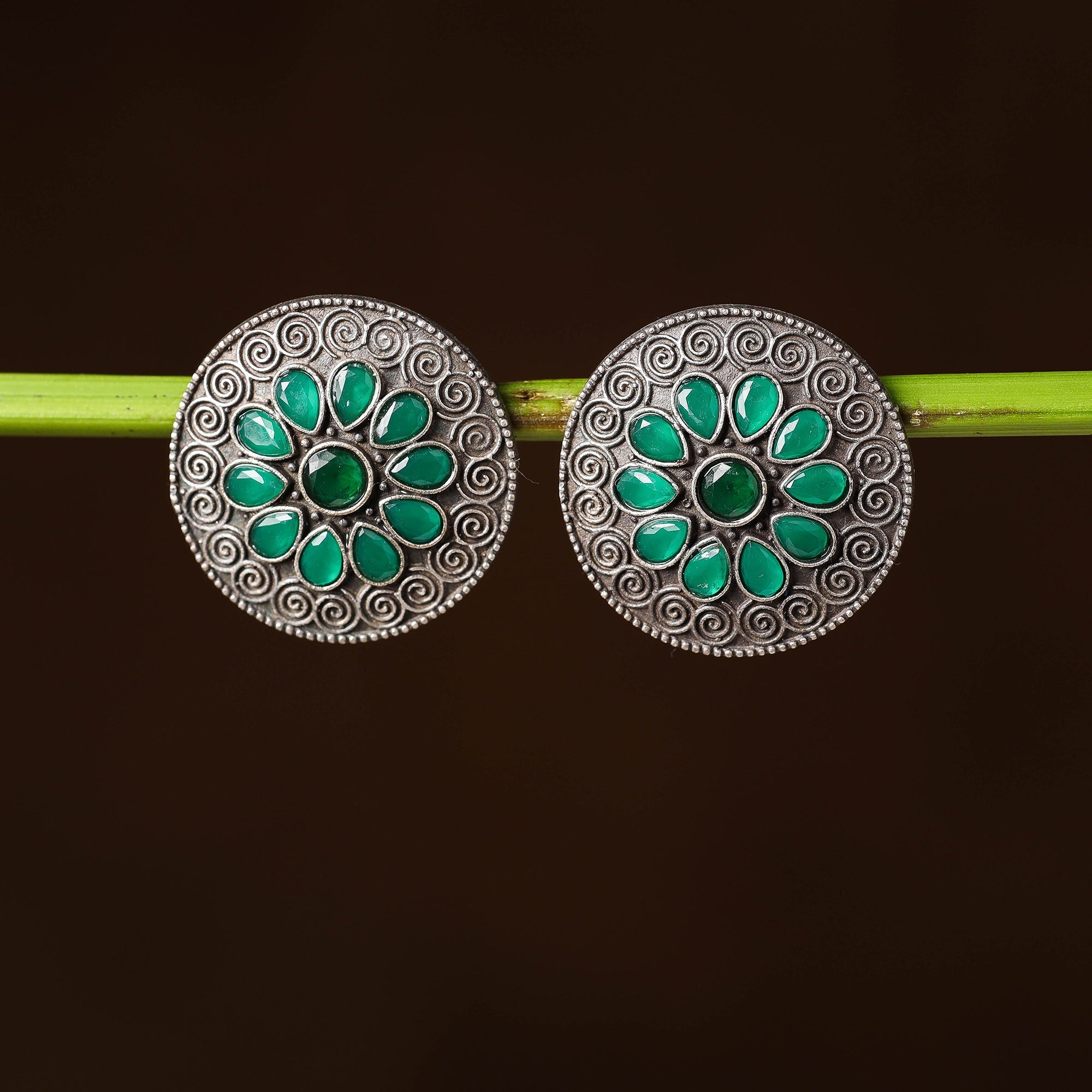 WHITE RIVER STORIES Antique Silver Finish Oxidised Brass Base Stone Work Stud Earrings