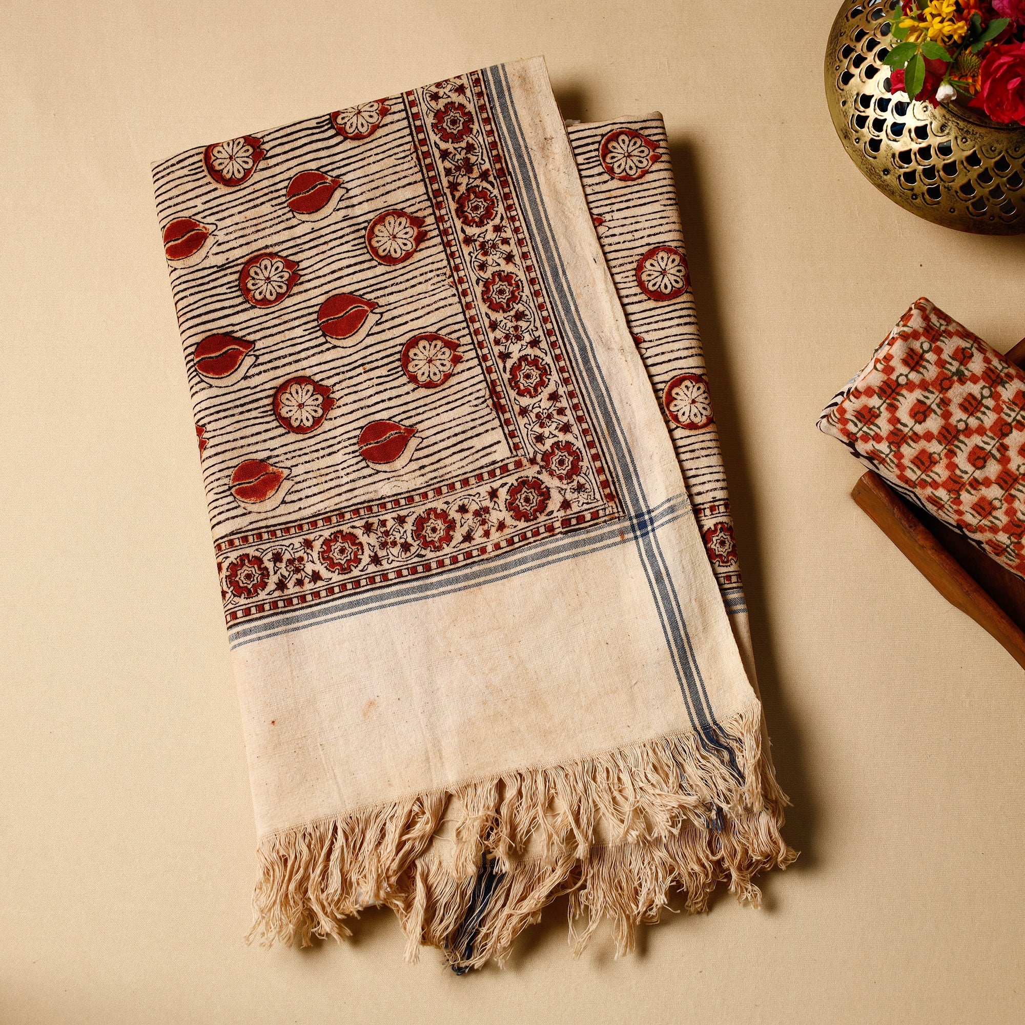 PITCHUKA SRINIVAS KALAMKARI PEDANA Beige - Pedana Kalamkari Block Printed Handloom Cotton Towel