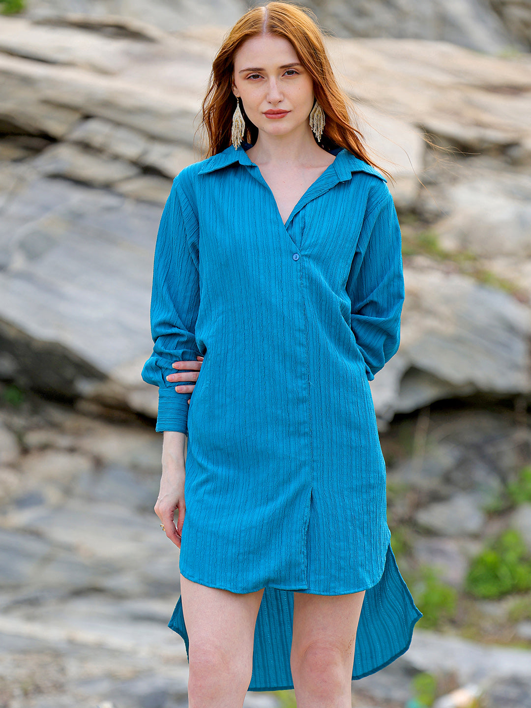 Freehand by The Indian Garage Co Women's Teal Straight Textured NA Asymmetric Dress