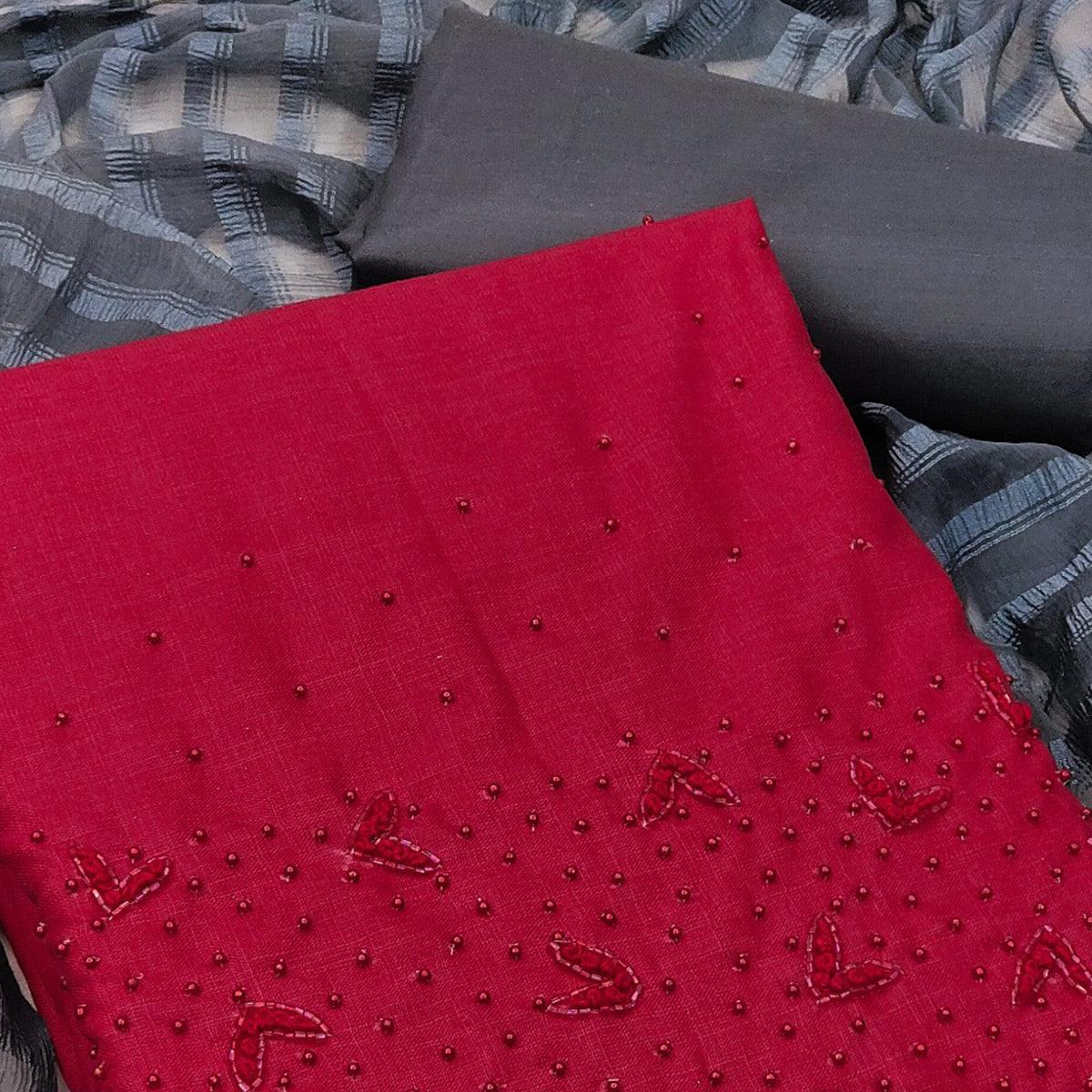 Peachmode Dark Pink Pearl Embroidered Pure Cotton Dress Material - view 3