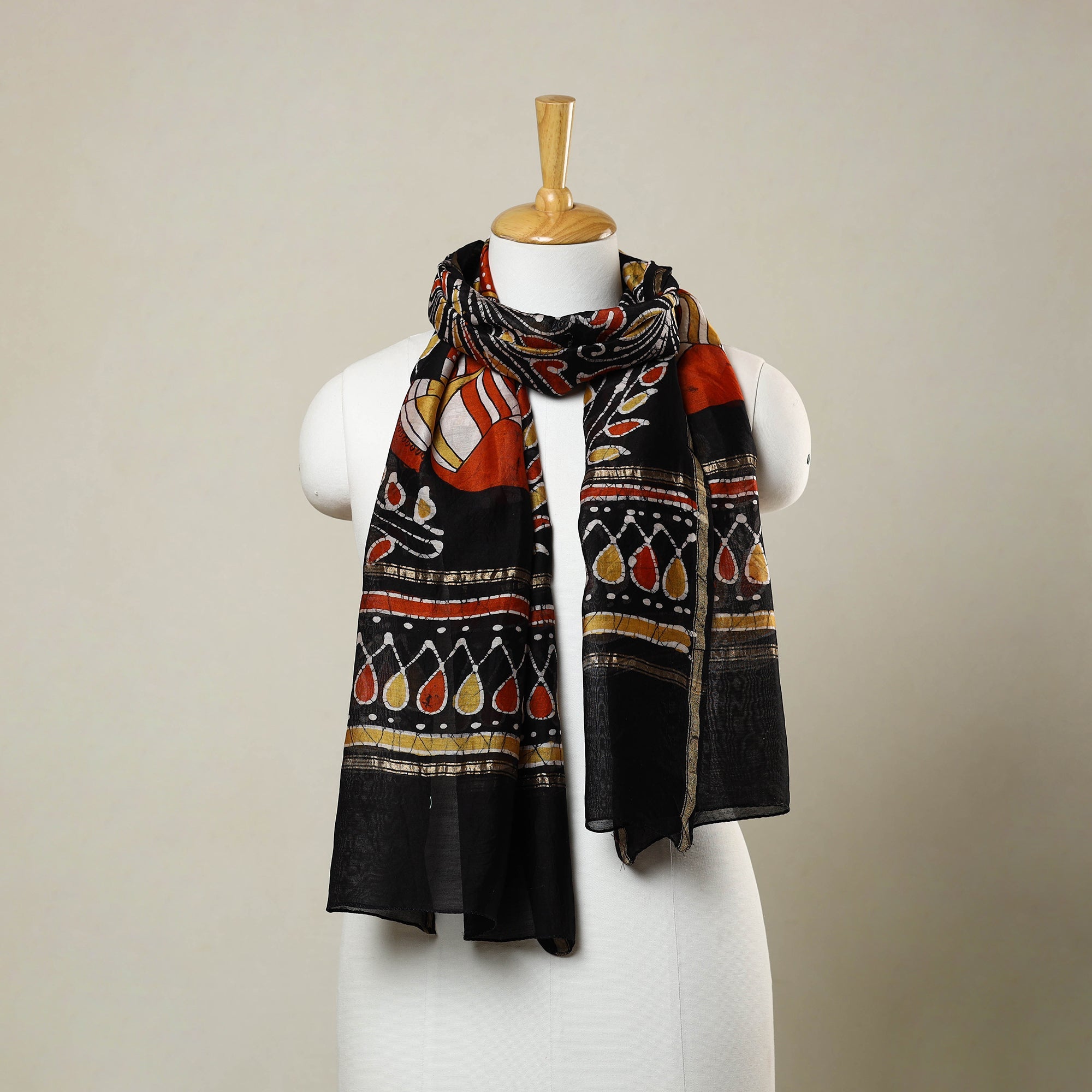 KACHCHH JI CHHAAP Black - Handloom Chanderi Silk Hand Batik Print Stole 01