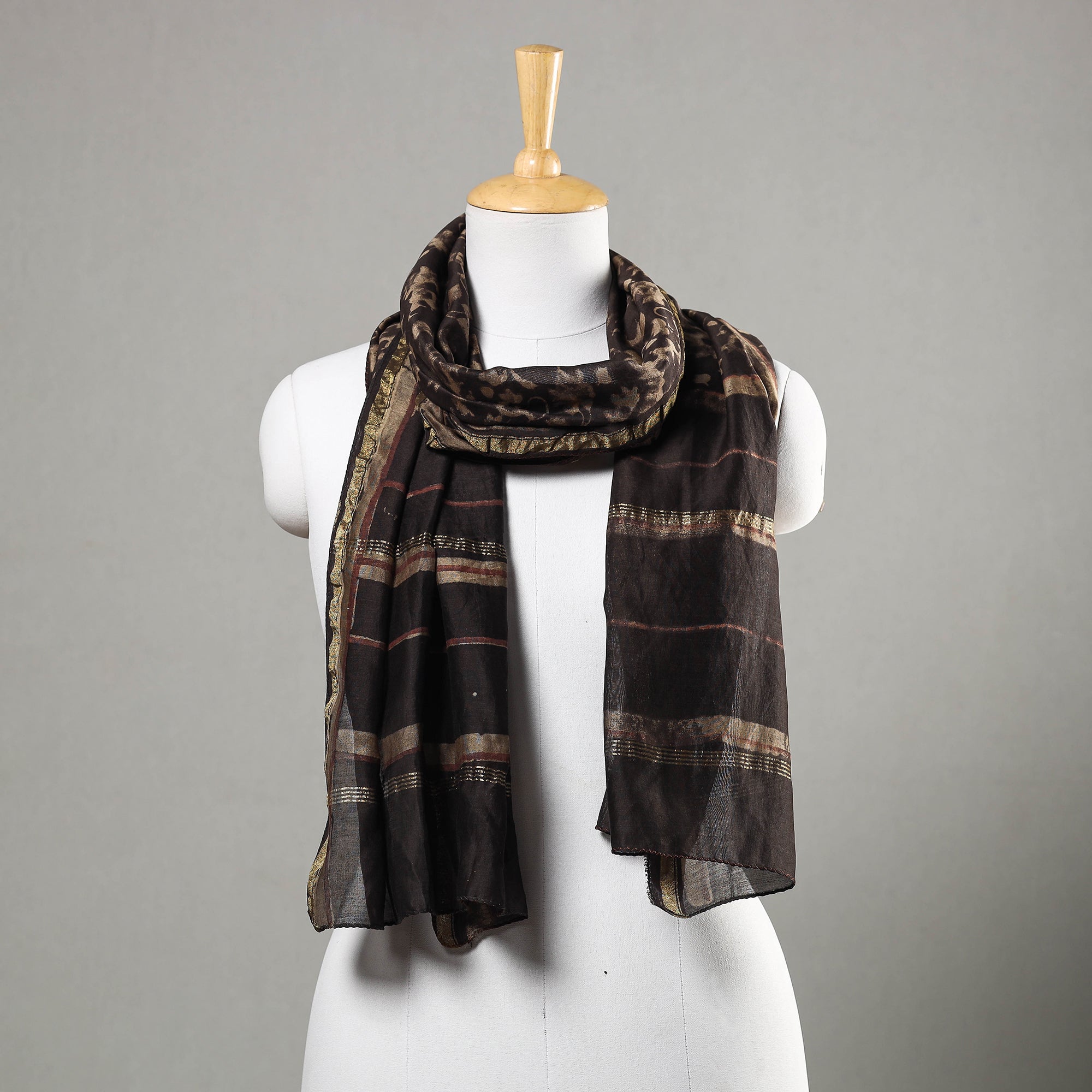 HAVELI CHRONICLES Brown - Akola Block Printed Chanderi Silk Handloom Stole with Zari Border