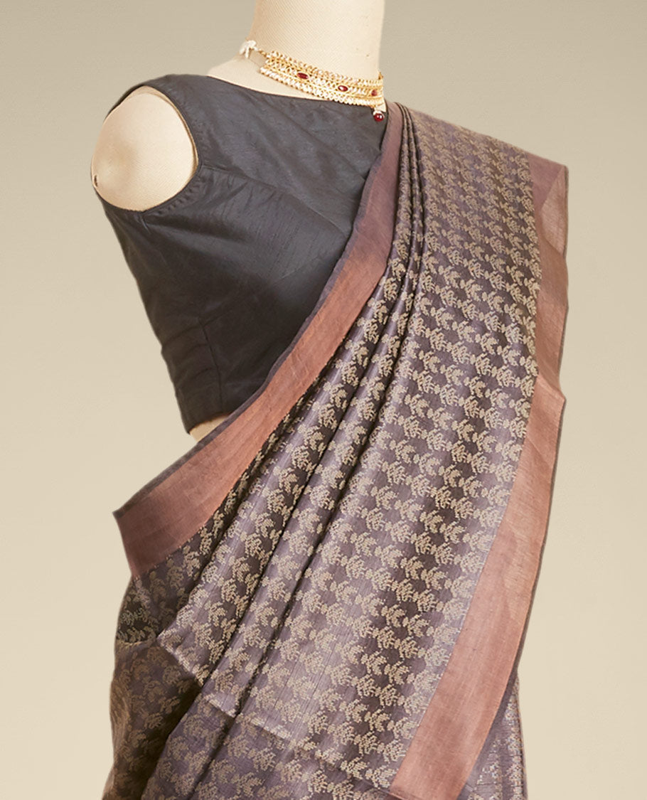Pothys Brown floral design tusser silk saree with self zari border