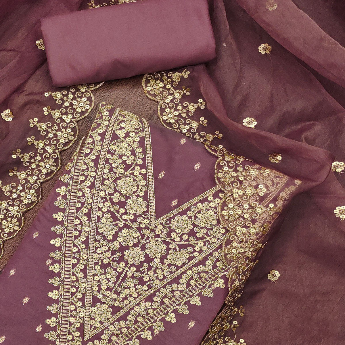 Peachmode Mauve Sequins Embroidered With Woven Chanderi Dress Material - view 2