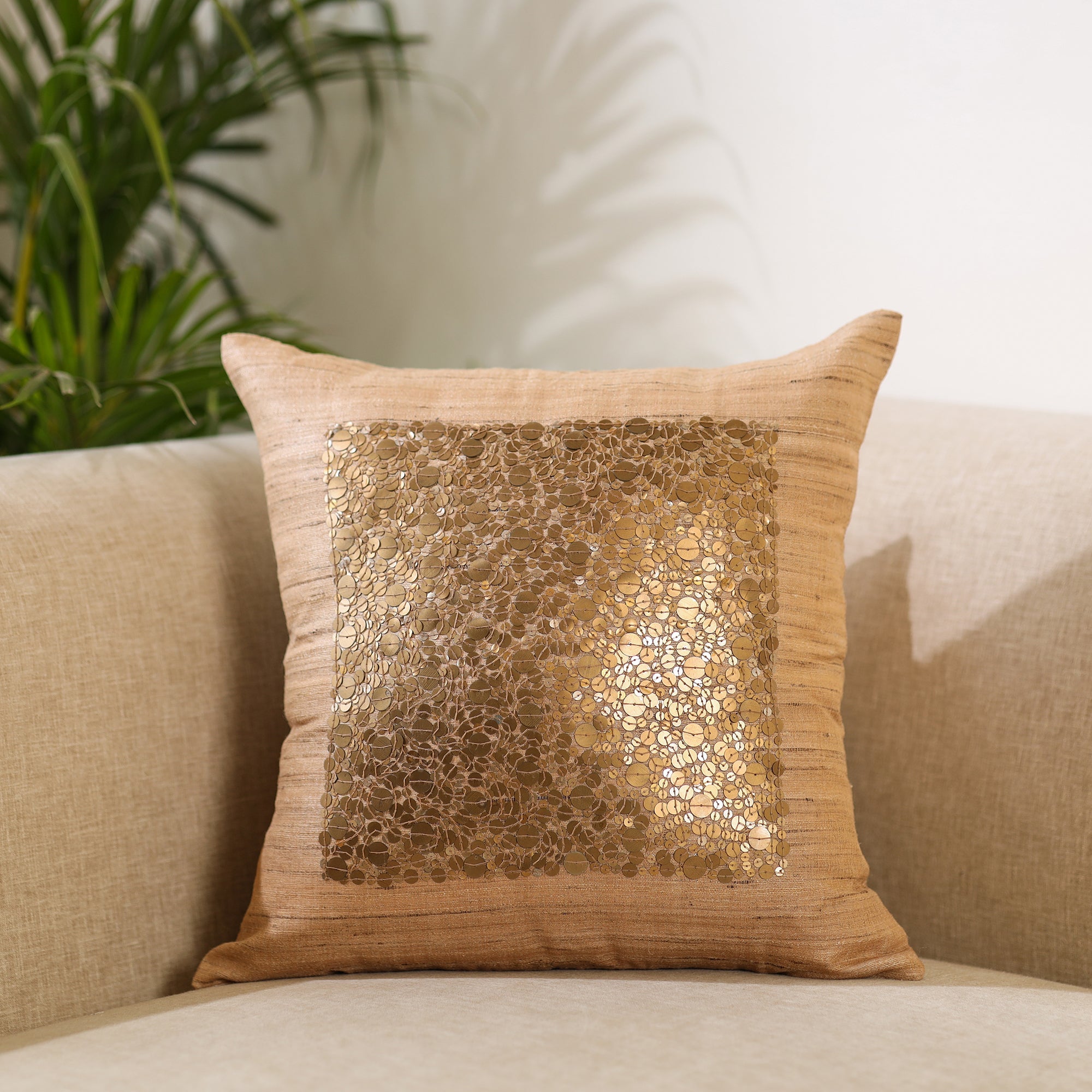 CHHATTISGARH HASTSHILP VIKAS BOARD Beige - Aari Embroidery Sequin Work Mercerised Ghicha Silk Cushion Cover (16 x 16 in)