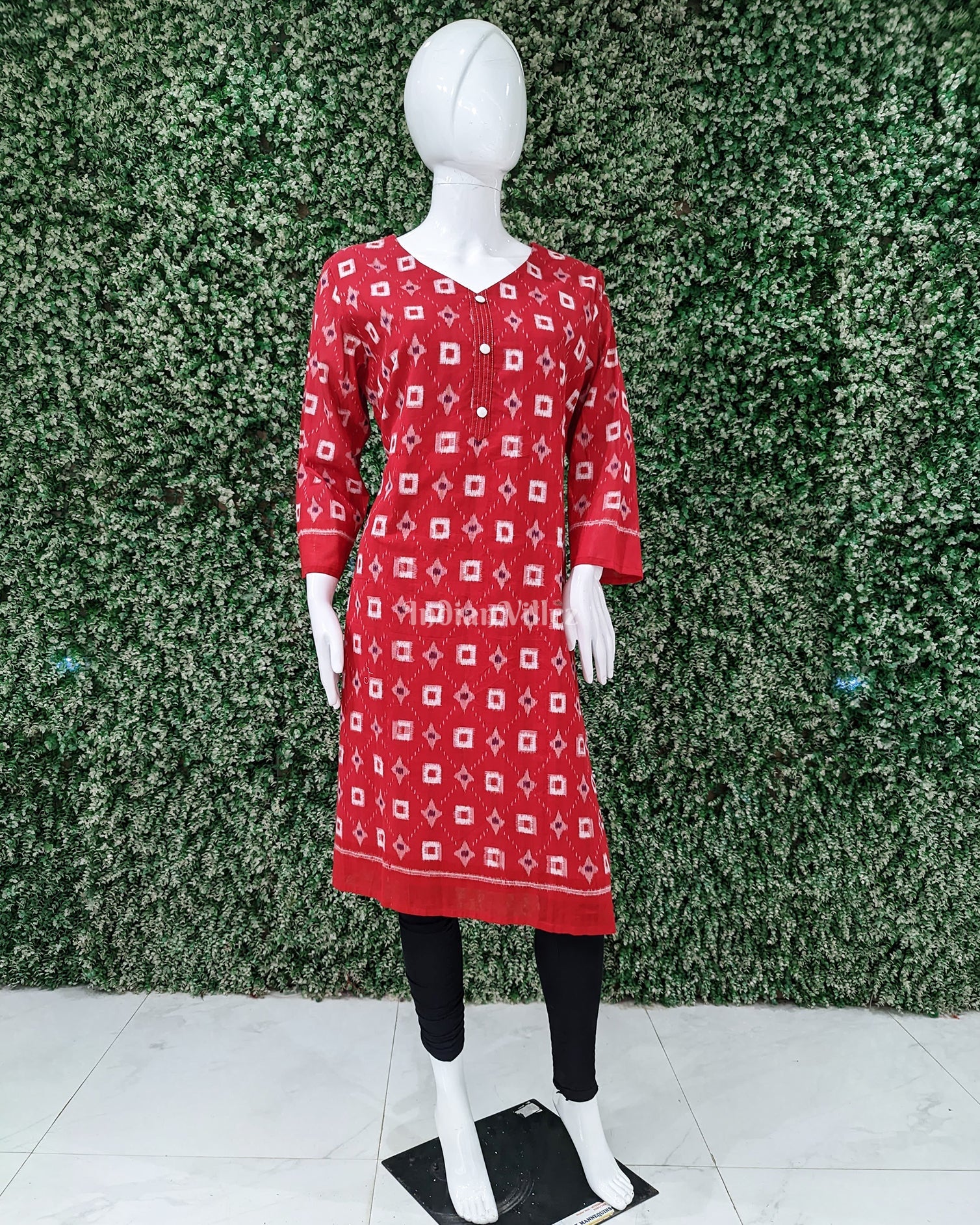 IndianVillèz Red Sambalpuri design Odisha Ikat Designer Cotton Kurti for Women