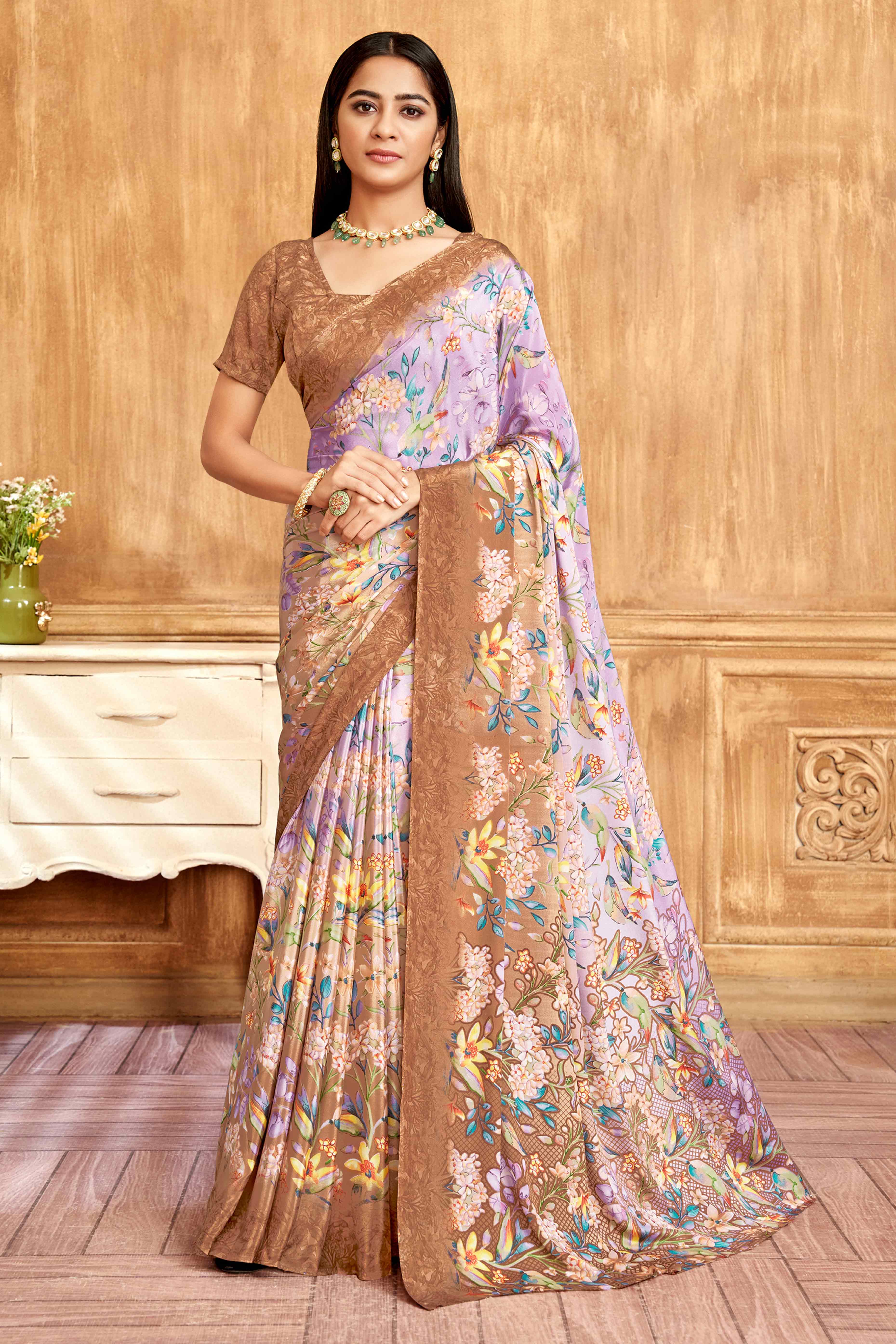 Peachmode Light Brown Floral Printed Crepe Silk Saree