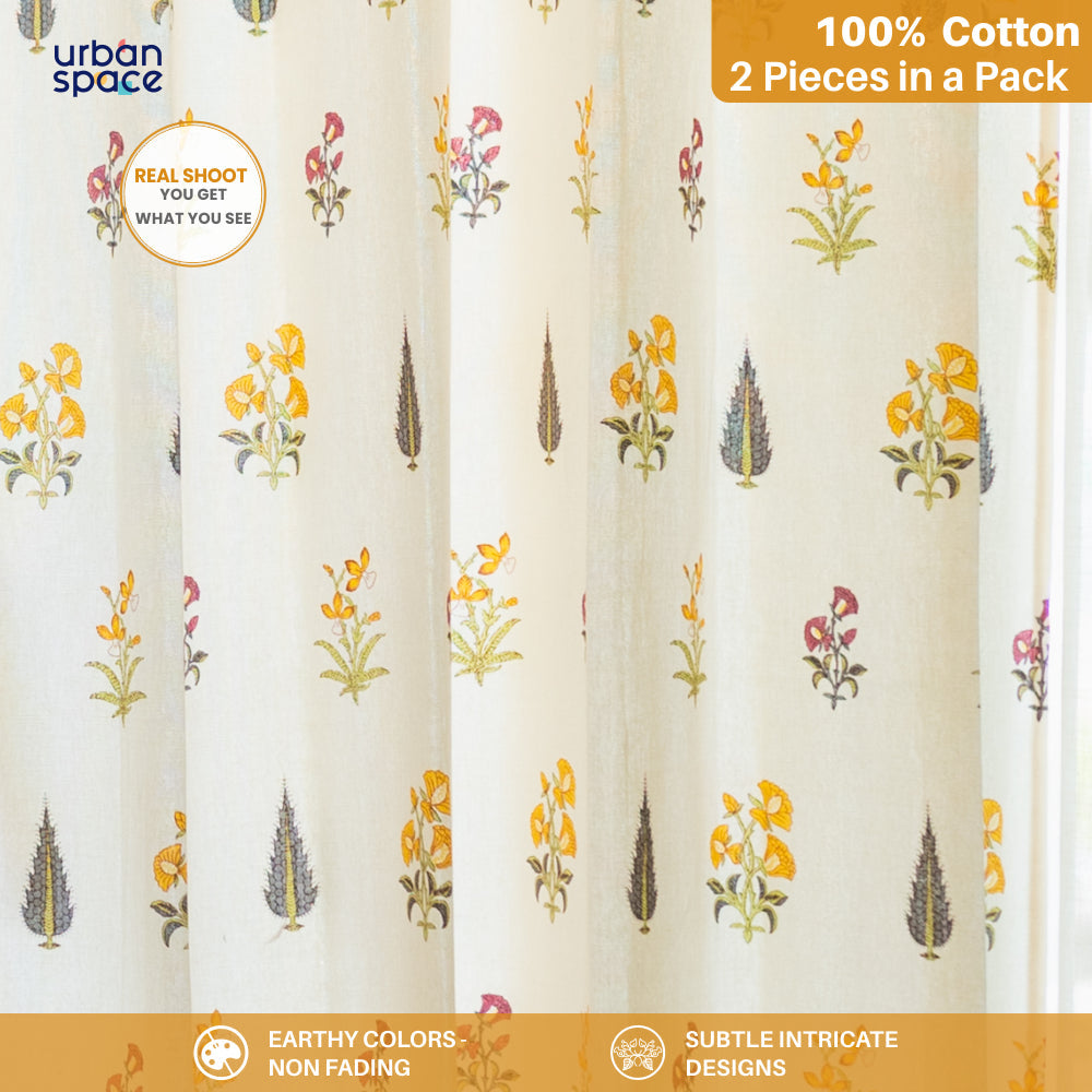 Urban Space -Home Furnishing Store 100% Cotton, room darkening ethnic curtains, Pack of 2 Curtains - High Garden Yellow - view 2