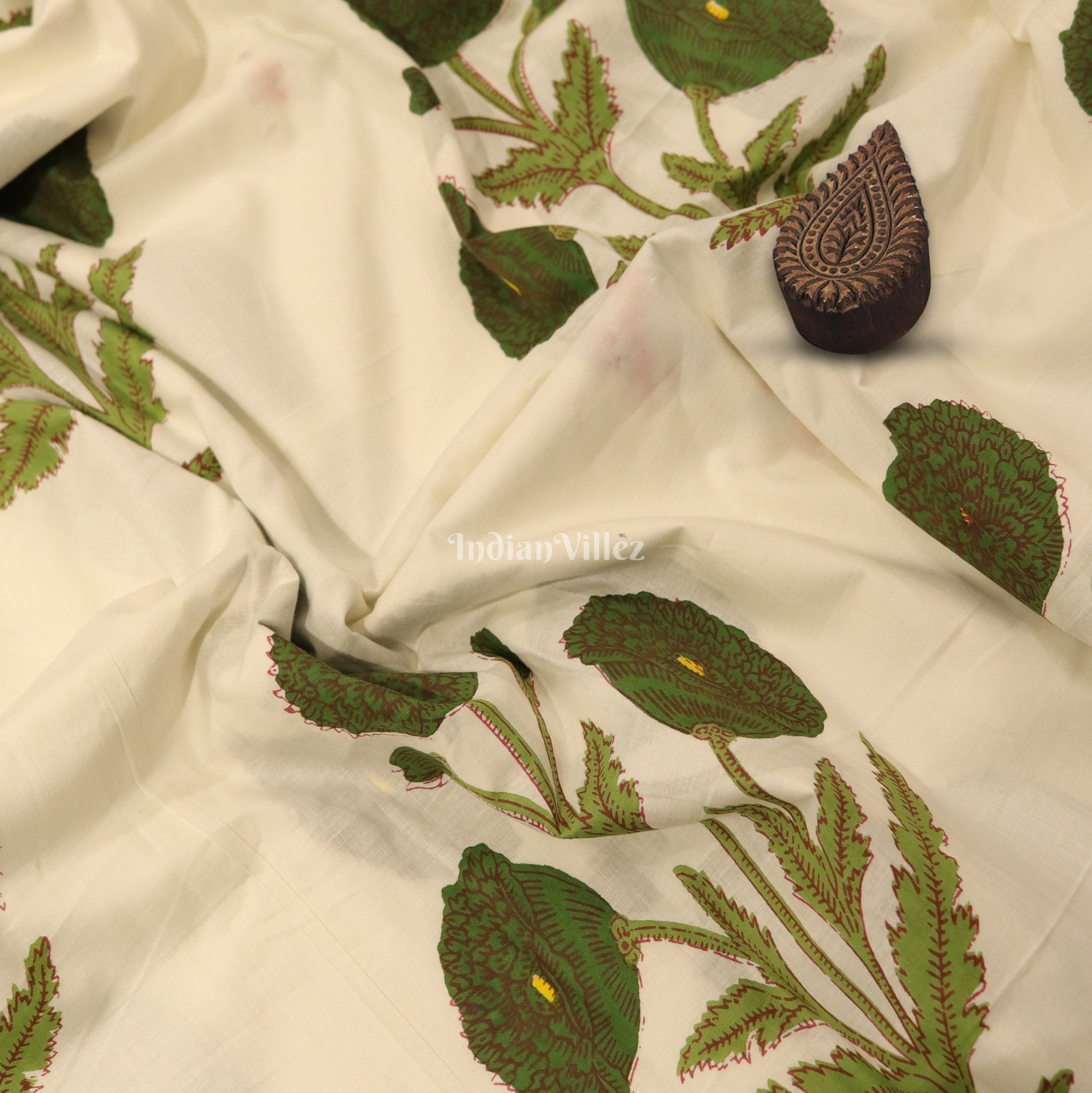 IndianVillèz White Green Flower Motif Hand Block Printed Cotton Fabric