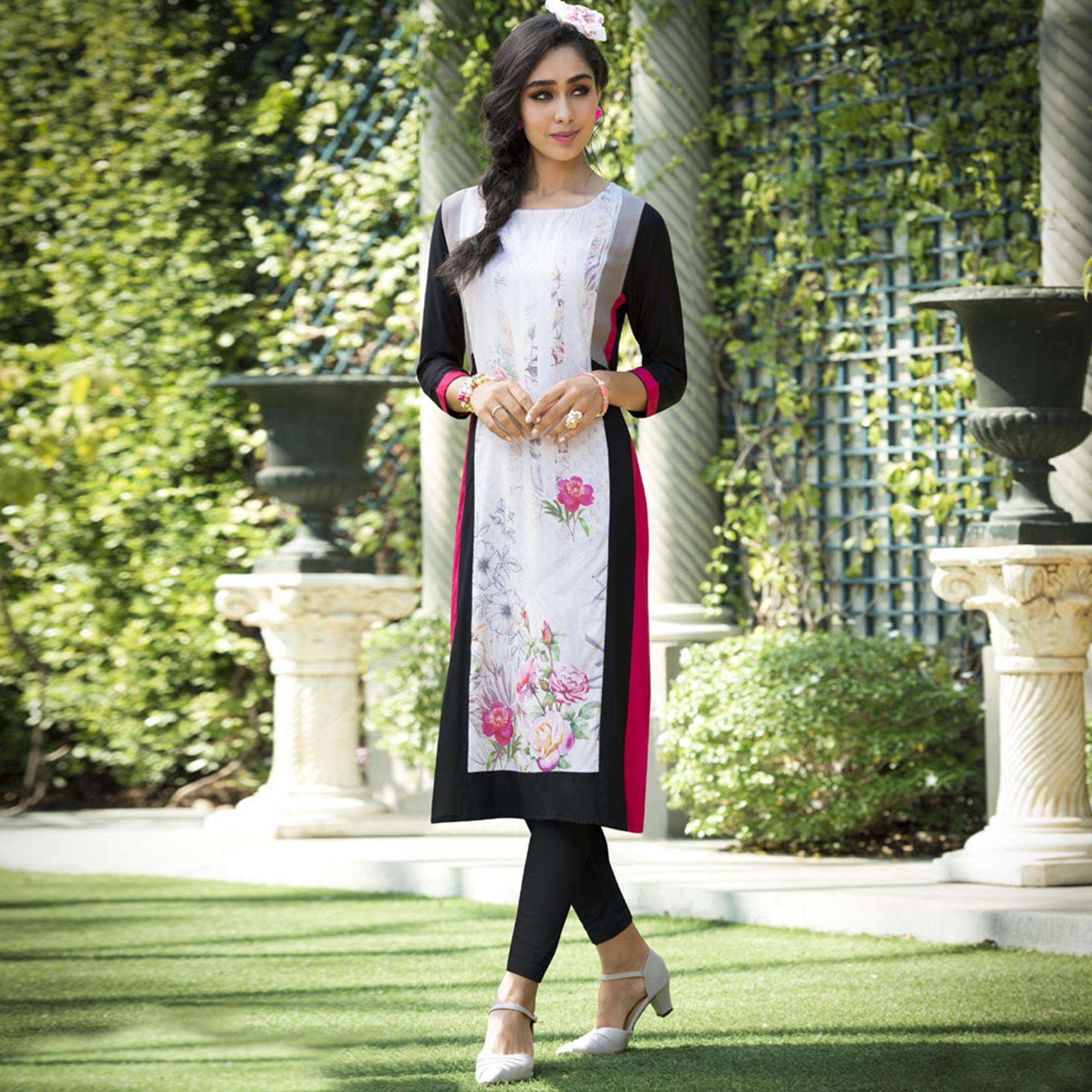 Peachmode Classy White Colored Casual Printed Rayon Kurti