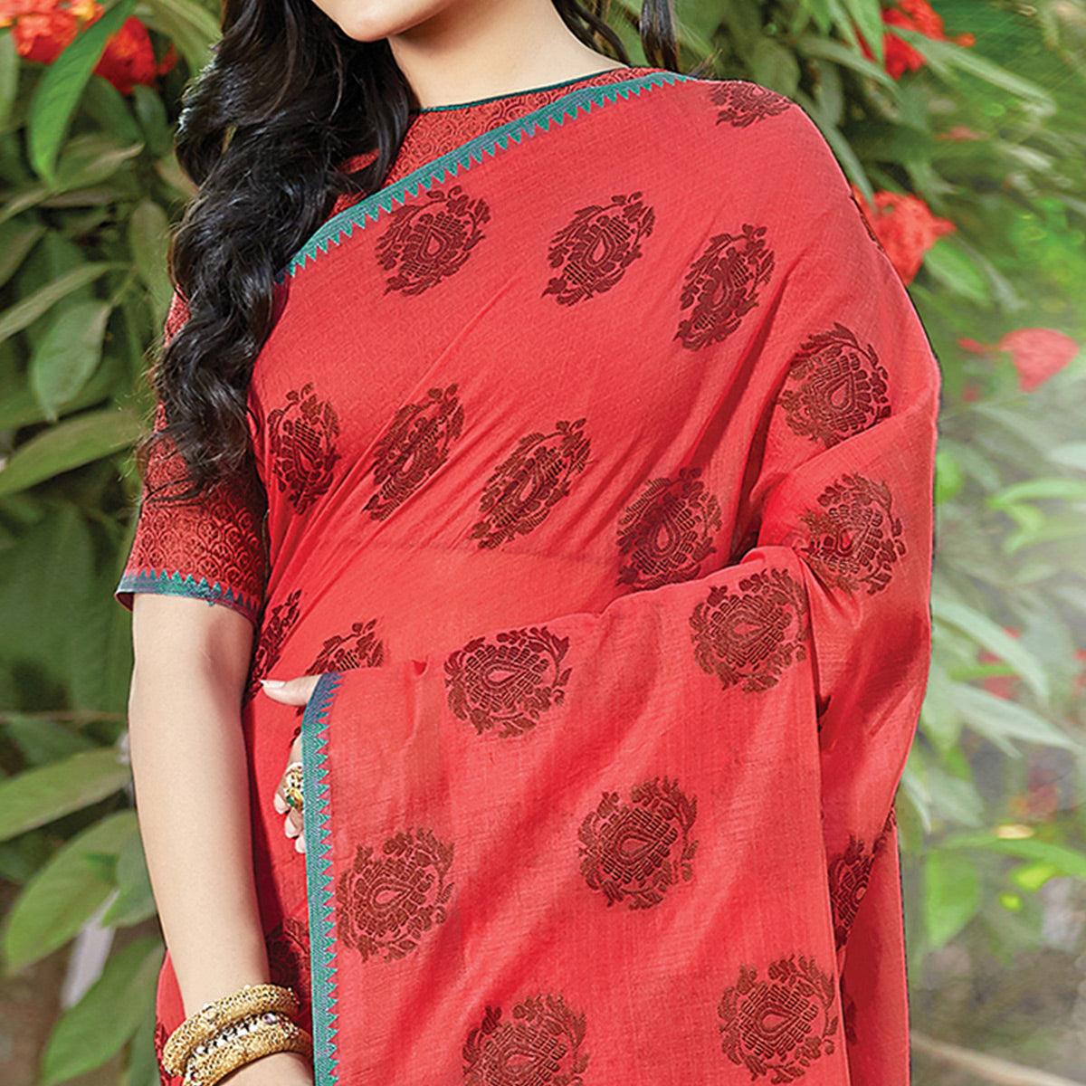 Peachmode Lovely Red Colored Festive Wear Woven Cotton Handloom Saree - view 2