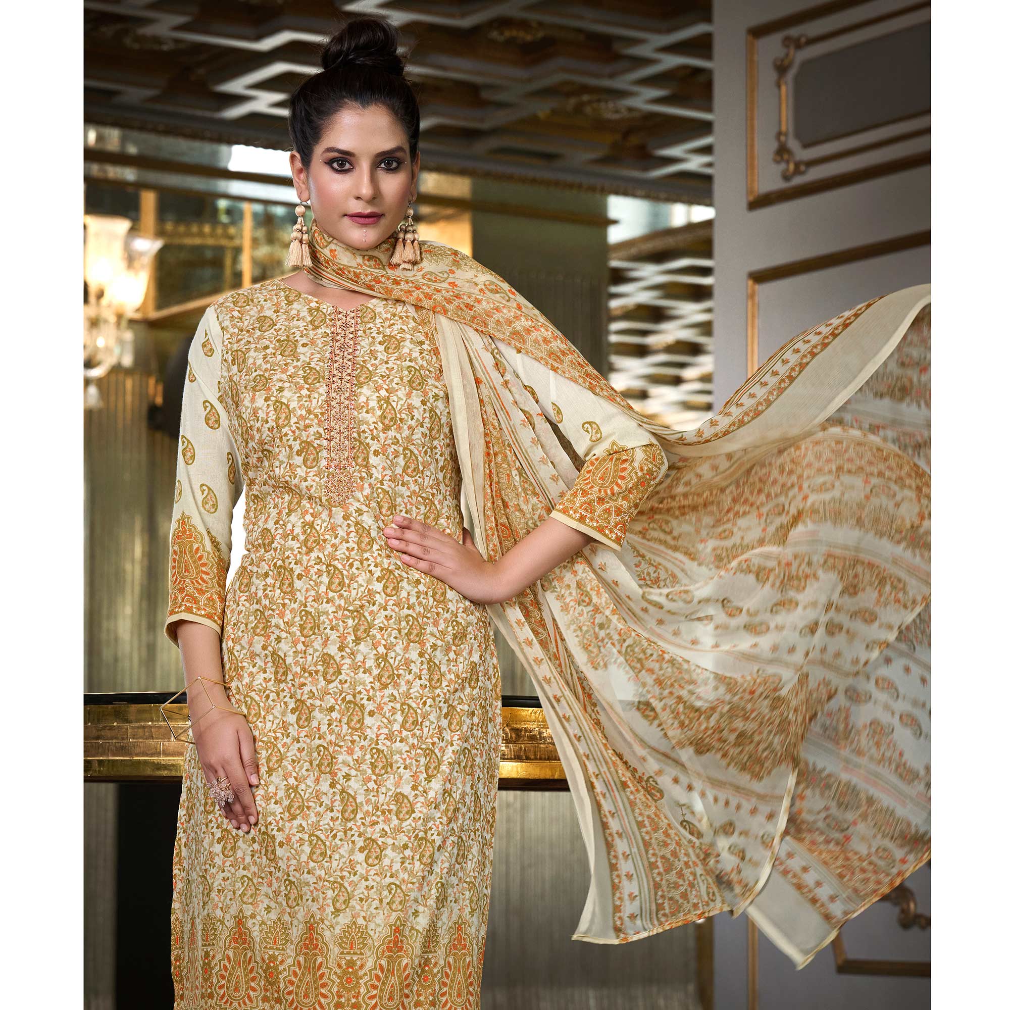 Peachmode Cream Printed With Embroidered Pure Cotton Salwar Suit - view 4